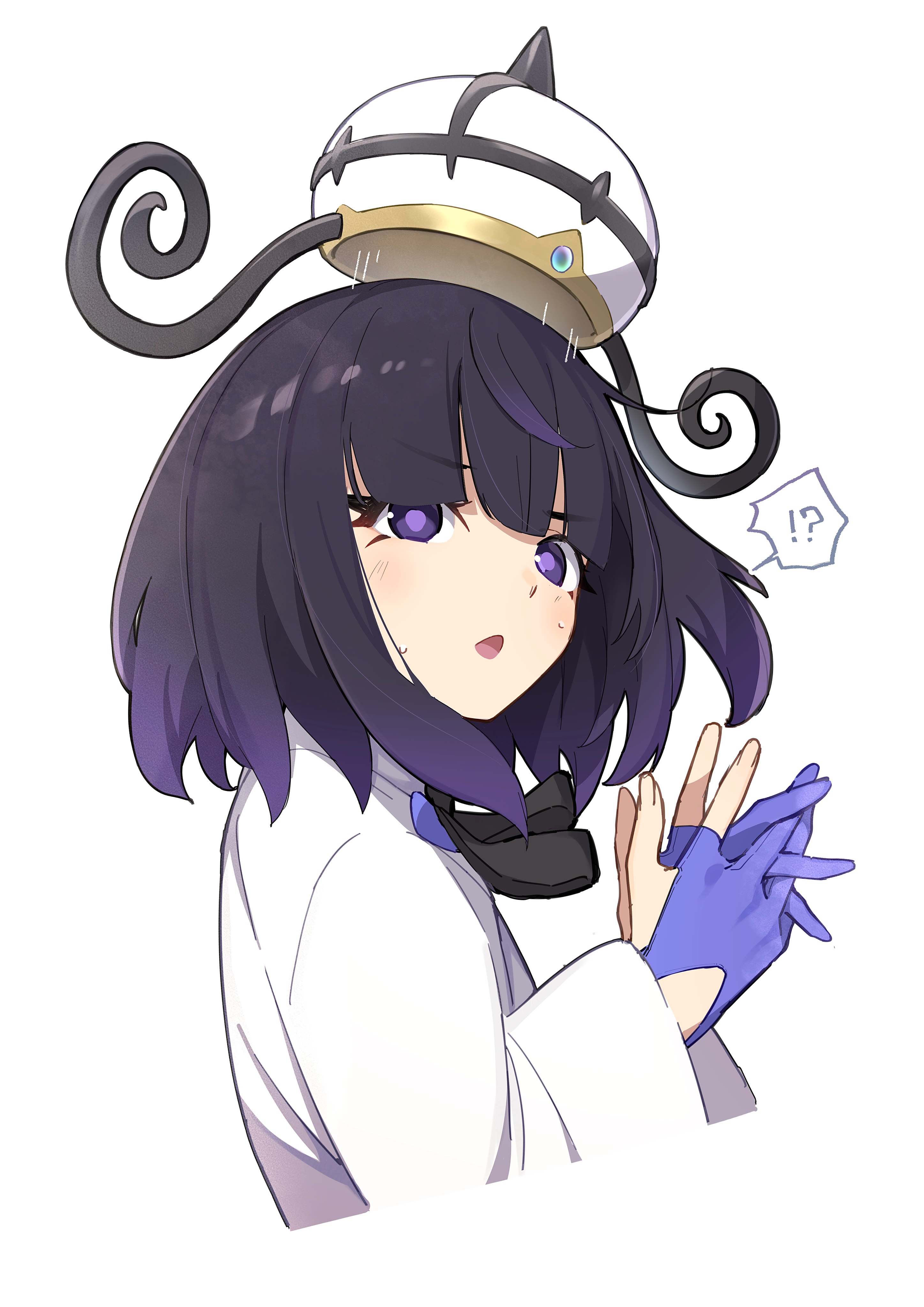 tamago sando, gwynn (pokemon), nintendo, pokemon, pokemon legends: z-a, absurdres, highres, !?, 1girl, black hair, blue gloves, gloves, hat, long sleeves, looking at viewer, partially fingerless gloves, purple eyes, shirt, short hair, simple background, solo, upper body, white background, white hat, white shirt