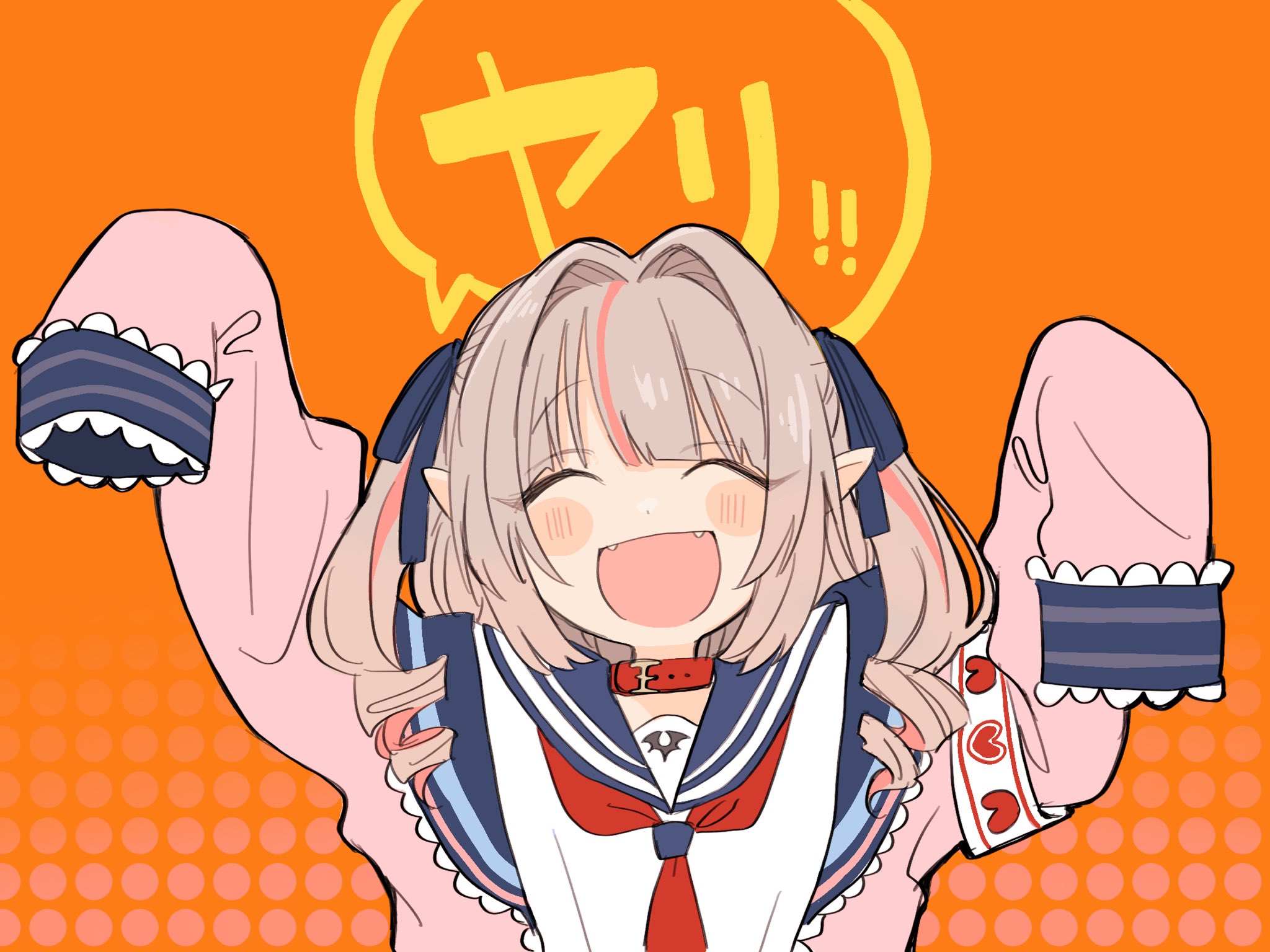 makaino ririmu, makaino ririmu (4th costume), nijisanji, highres, 1girl, :d, arm up, armband, belt collar, blue ribbon, blue sailor collar, blush stickers, closed eyes, collar, drill hair, fangs, grey hair, hair intakes, hair over shoulder, hair ribbon, hand up, heart, jacket, long hair, multicolored hair, neckerchief, off shoulder, omoc8bac, open clothes, open jacket, open mouth, orange background, pink hair, pink jacket, pink streaks, pointy ears, polka dot, polka dot background, red collar, red neckerchief, ribbon, sailor collar, school uniform, serafuku, shirt, sidelocks, sleeves past fingers, sleeves past wrists, smile, solo, speech bubble, standing, streaked hair, two-tone hair, two side up, upper body, virtual youtuber, white shirt