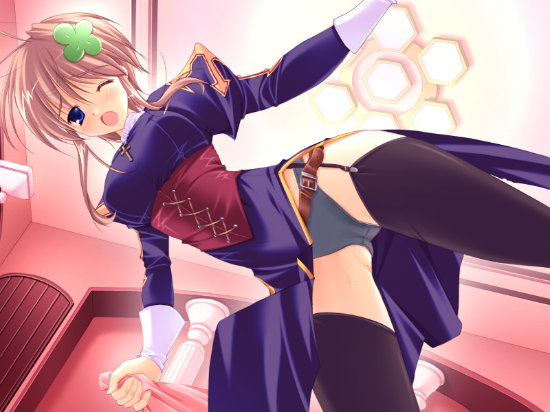 mikeou, takahara ai, miraroma, game cg, 1girl, black panties, blue eyes, blush, bustier, female focus, garter belt, lingerie, one eye closed, orange hair, panties, solo, thighhighs, underwear, wink