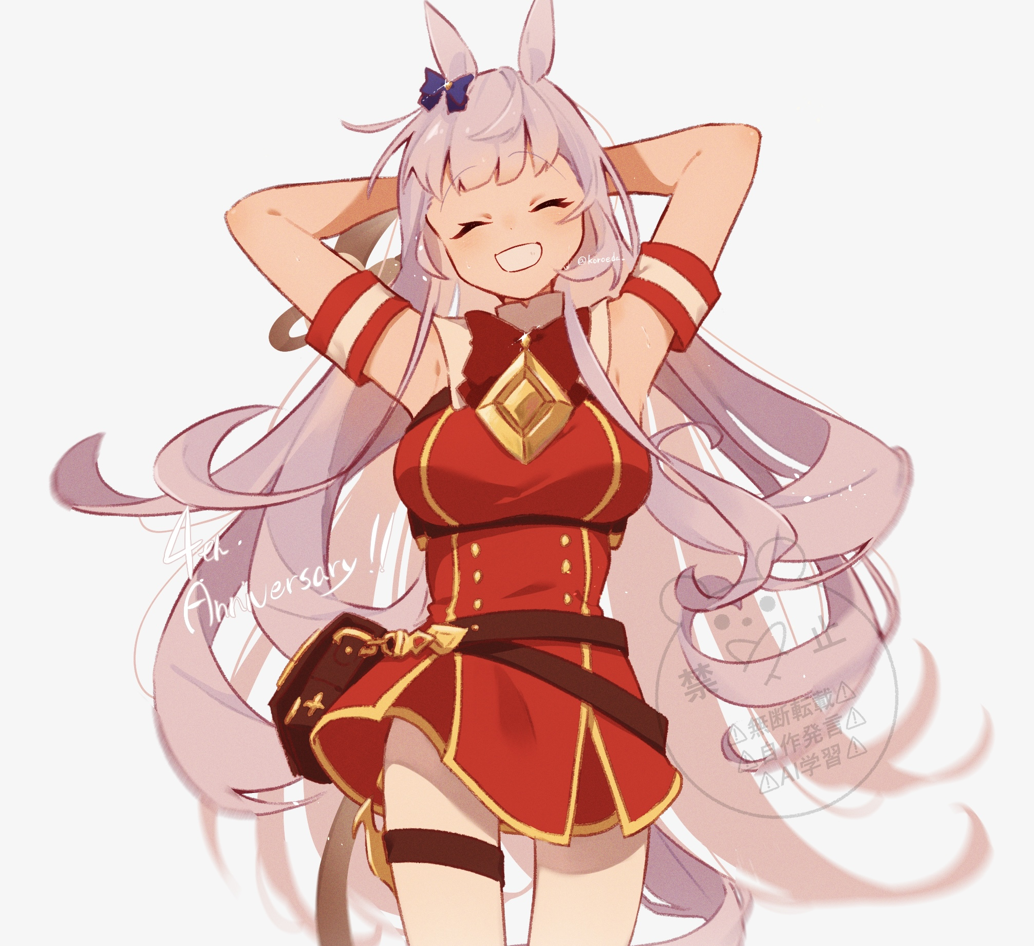 koroeda6, gold ship (red strife) (umamusume), gold ship (umamusume), umamusume, highres, 1girl, animal ears, armpits, arms behind head, blue bow, blush, bow, breasts, dress, grey hair, grin, hair bow, horse ears, horse girl, horse tail, large breasts, long hair, one eye closed, red dress, short dress, smile, solo, tail