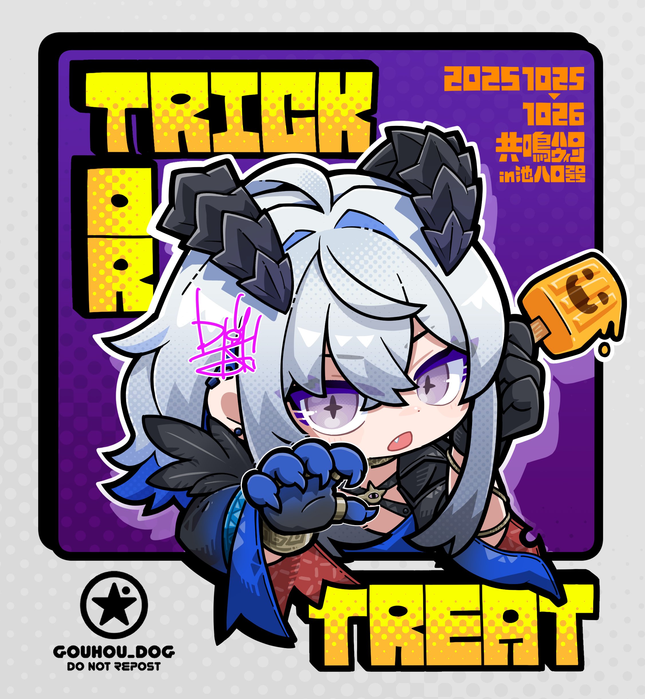 dog-san, galbrena (wuthering waves), absurdres, commentary, english commentary, highres, 1girl, 2025, artist logo, black gloves, blue nails, dated, english text, fingernails, food, gloves, grey hair, hair between eyes, hair intakes, hand up, holding, holding food, holding popsicle, logo, looking at viewer, medium hair, mutation, open mouth, outstretched arms, popsicle, purple eyes, sidelocks, single glove, solo, symbol-shaped pupils, trick or treat