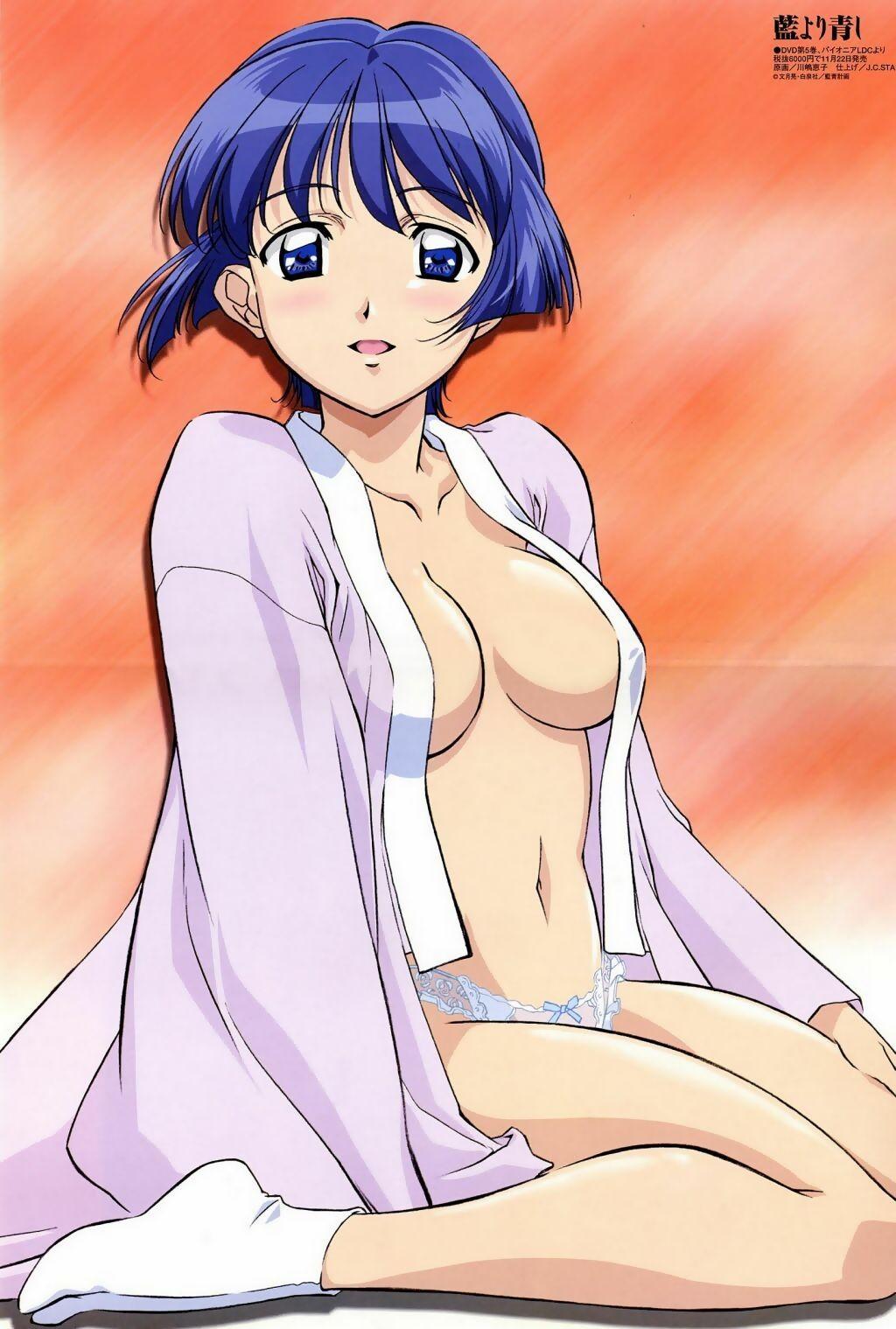 sakuraba aoi, ai yori aoshi, highres, jpeg artifacts, scan, 1girl, blue eyes, blue hair, blush, breasts, female focus, matching hair/eyes, open clothes, open shirt, panties, shirt, socks, solo, underwear