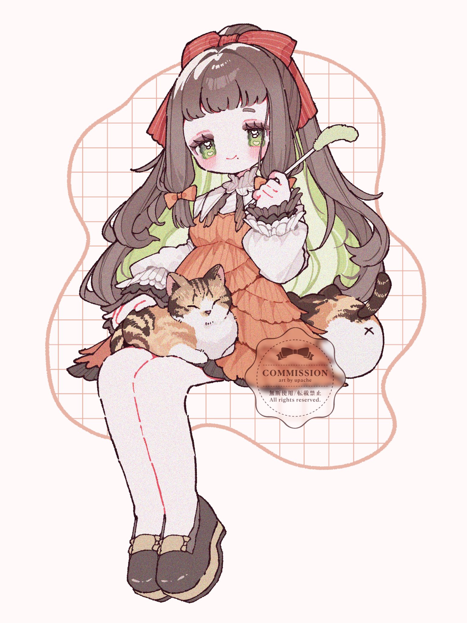 original, commentary, commission, highres, 1girl, artist name, black shoes, blush, bow, brown hair, cat, closed mouth, dress, full body, grid background, hair bow, holding cat teaser, invisible chair, long hair, long sleeves, mole, mole under mouth, orange dress, ponytail, red bow, shirt, shoes, sitting, smile, solo, upache, watermark, white shirt
