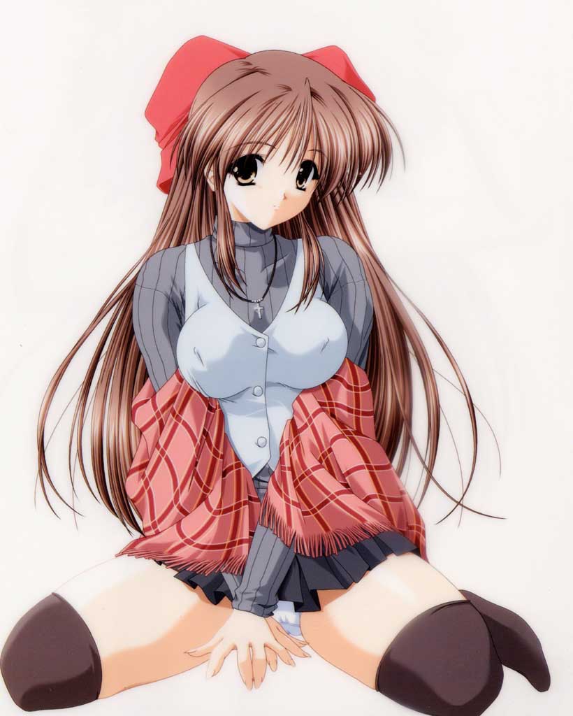 1girl, breasts, brown eyes, brown hair, covered erect nipples, female focus, hair ribbon, huge breasts, panties, pantyshot, ribbon, solo, thighhighs, underwear