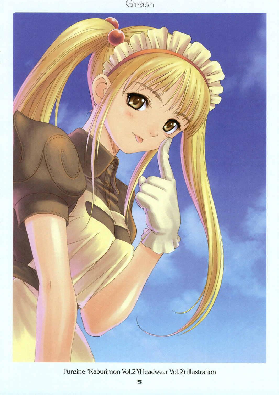 tony taka, ragnarok online, highres, non-web source, scan, akanbe, blonde hair, blush, brown eyes, cloud, day, eyelid pull, gloves, hair bobbles, hair ornament, kafra uniform, long hair, maid, solo, tongue, tongue out, twintails