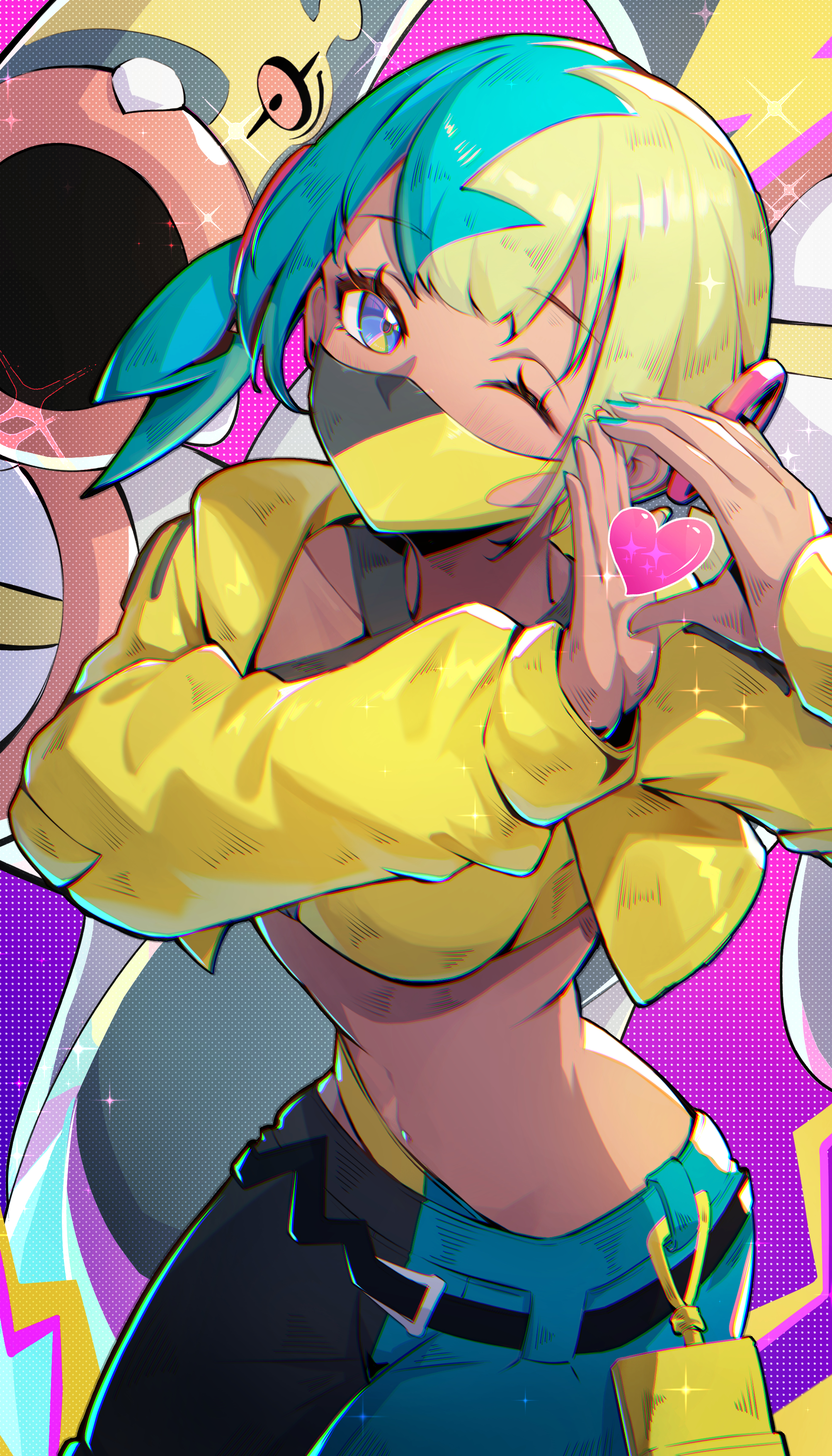 kumo33, canari (pokemon), eelektross, nintendo, pokemon, pokemon legends: z-a, absurdres, highres, 1girl, aqua hair, bandeau, black pants, blonde hair, blue eyes, blue pants, dark-skinned female, dark skin, gen 5 pokemon, heart, heart hands, jacket, looking at viewer, multicolored hair, one eye closed, pants, pokemon (creature), solo, two-tone pants, yellow bandeau, yellow jacket