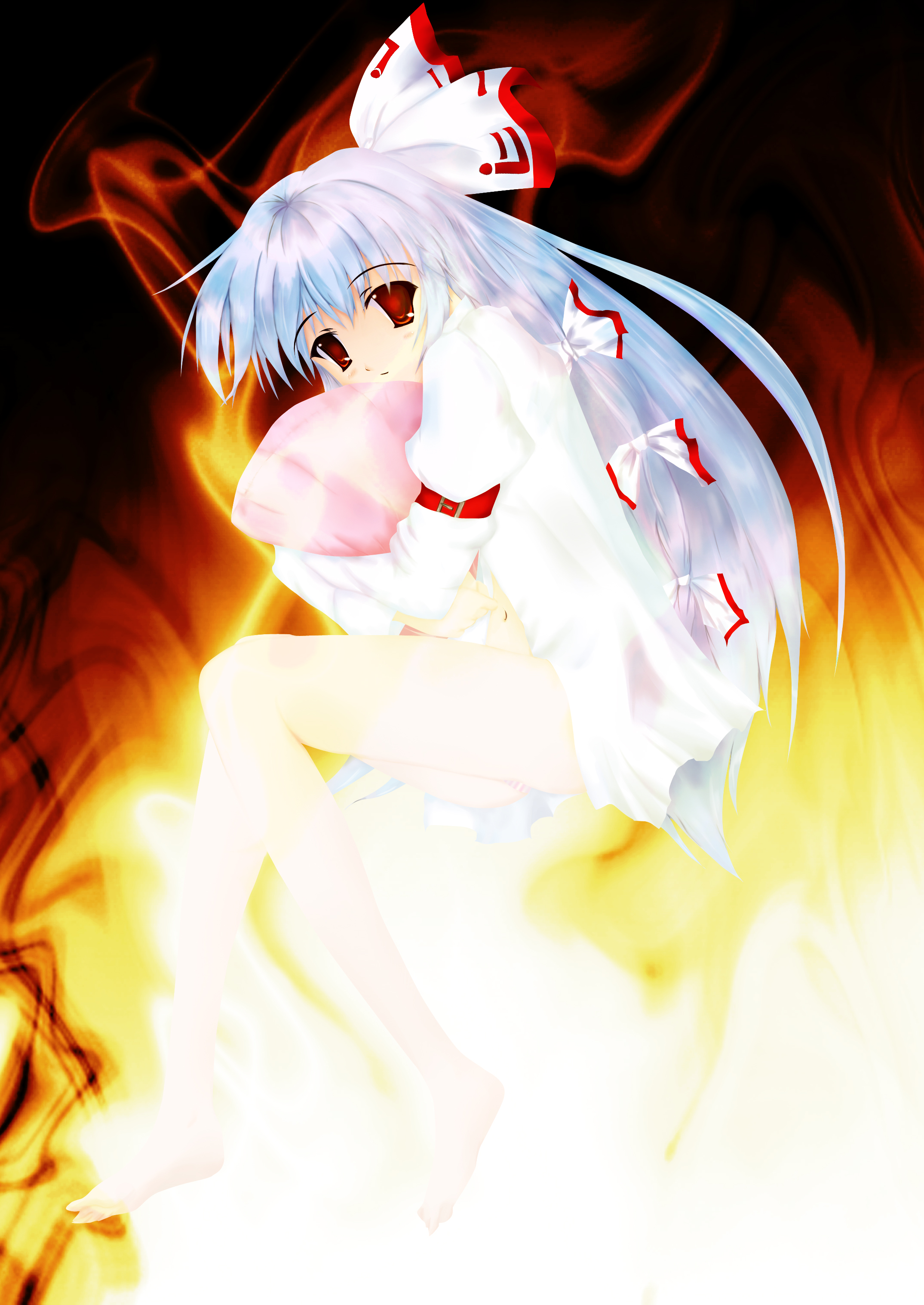 moon eclipse, yoshixi, fujiwara no mokou, touhou, absurdres, highres, 1girl, barefoot, female focus, fire, hugging object, panties, pillow, pillow hug, solo, underwear