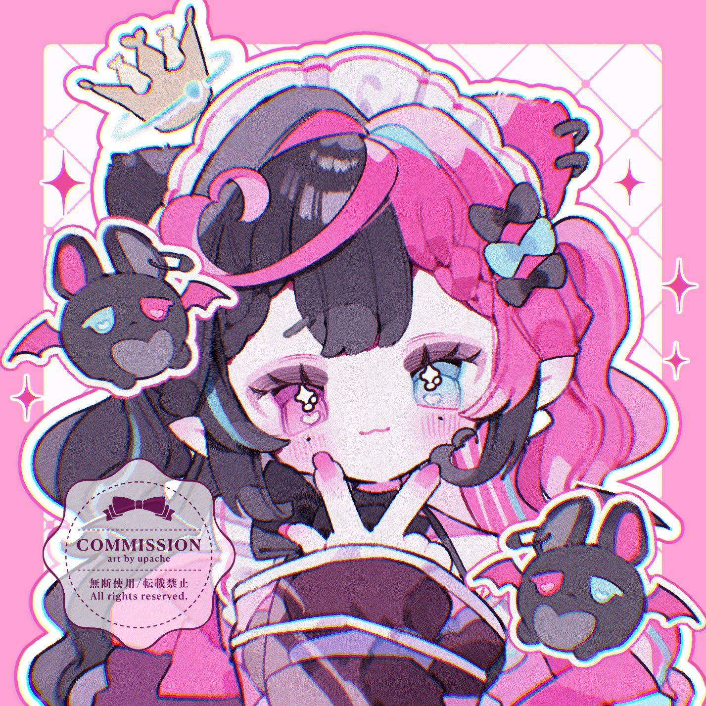 original, commentary, commission, highres, skeb commission, 1girl, :3, artist name, black bow, blue bow, blue eyes, blunt bangs, blush, border, bow, closed mouth, double-parted bangs, grid background, hair bow, hair intakes, hand up, heterochromia, long sleeves, looking at viewer, mole, mole under each eye, mole under eye, multicolored hair, multiple moles, nail polish, outline, outside border, pink border, pink eyes, pink nails, pink shirt, pointy ears, portrait, shirt, smile, solo, sparkle, split-color hair, twintails, two-tone hair, upache, w, watermark, white background, white outline