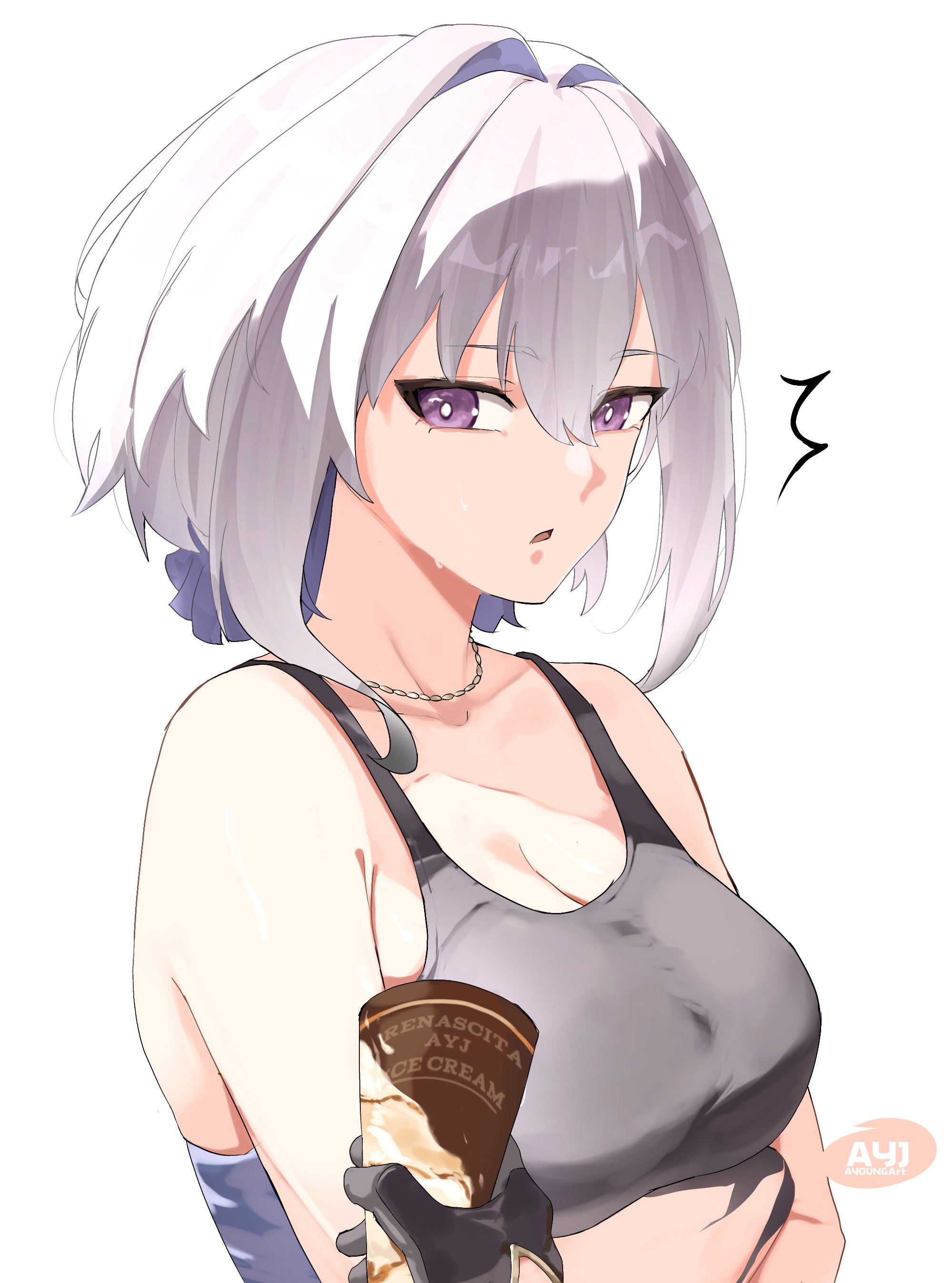 ayoungart, galbrena (wuthering waves), male rover (wuthering waves), rover (wuthering waves), wuthering waves, absurdres, commentary, english commentary, highres, 1girl, ^^^, alternate costume, arms under breasts, artist name, bare shoulders, black gloves, breasts, cleavage, collarbone, crossed arms, gloves, grey hair, hair between eyes, holding, holding ice cream cone, ice cream cone, jewelry, large breasts, looking at viewer, medium hair, necklace, pov, pov hands, purple eyes, simple background, solo focus, typo, upper body, whip