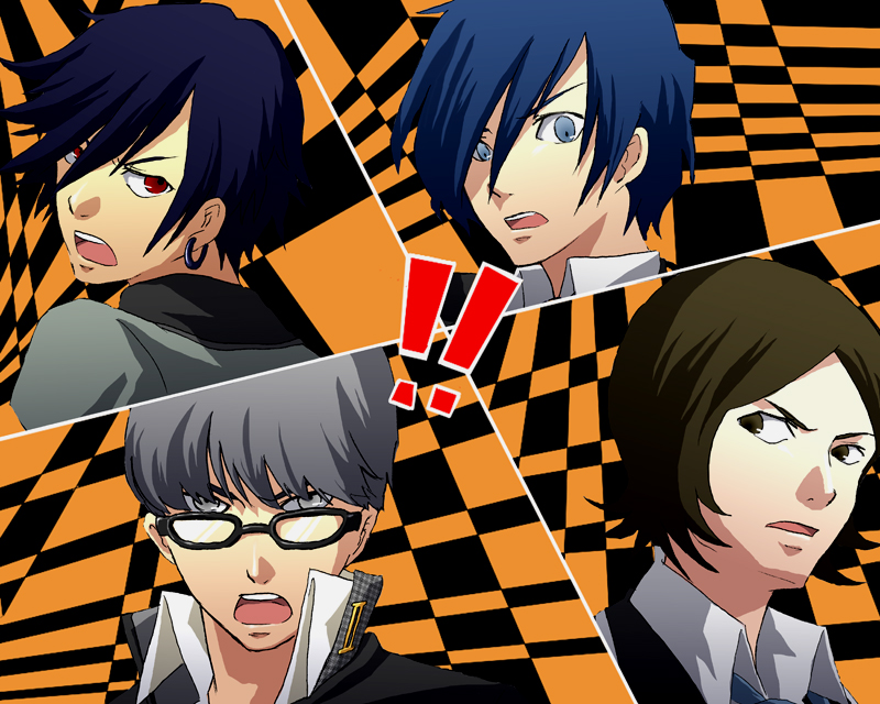 hosuke, narukami yu, suou tatsuya, toudou naoya, yuuki makoto (persona 3), atlus, persona, persona 1, persona 2, persona 3, persona 4, !, !!, 4boys, all-out attack, black hair, blue eyes, blue hair, brown eyes, brown hair, crossover, grey eyes, grey hair, male focus, multiple boys, red eyes