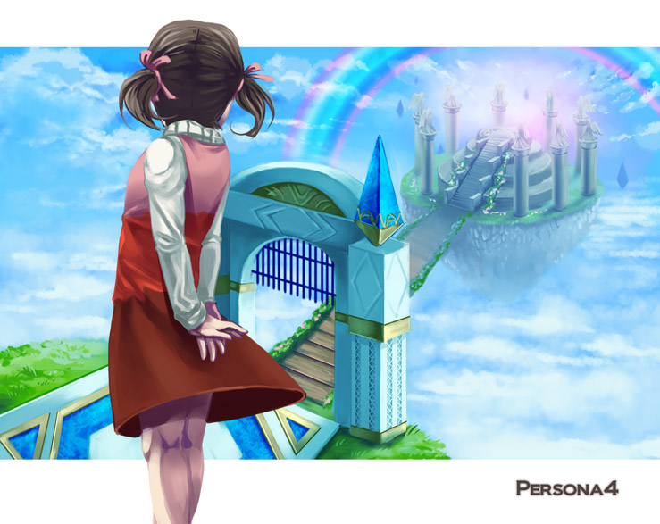 toile ga chikaize, toilet (108 toilet), doujima nanako, atlus, persona, persona 4, 1girl, child, cloud, day, female focus, floating island, hair ribbon, heaven, pillar, rainbow, ribbon, sky, solo, stairs, twintails