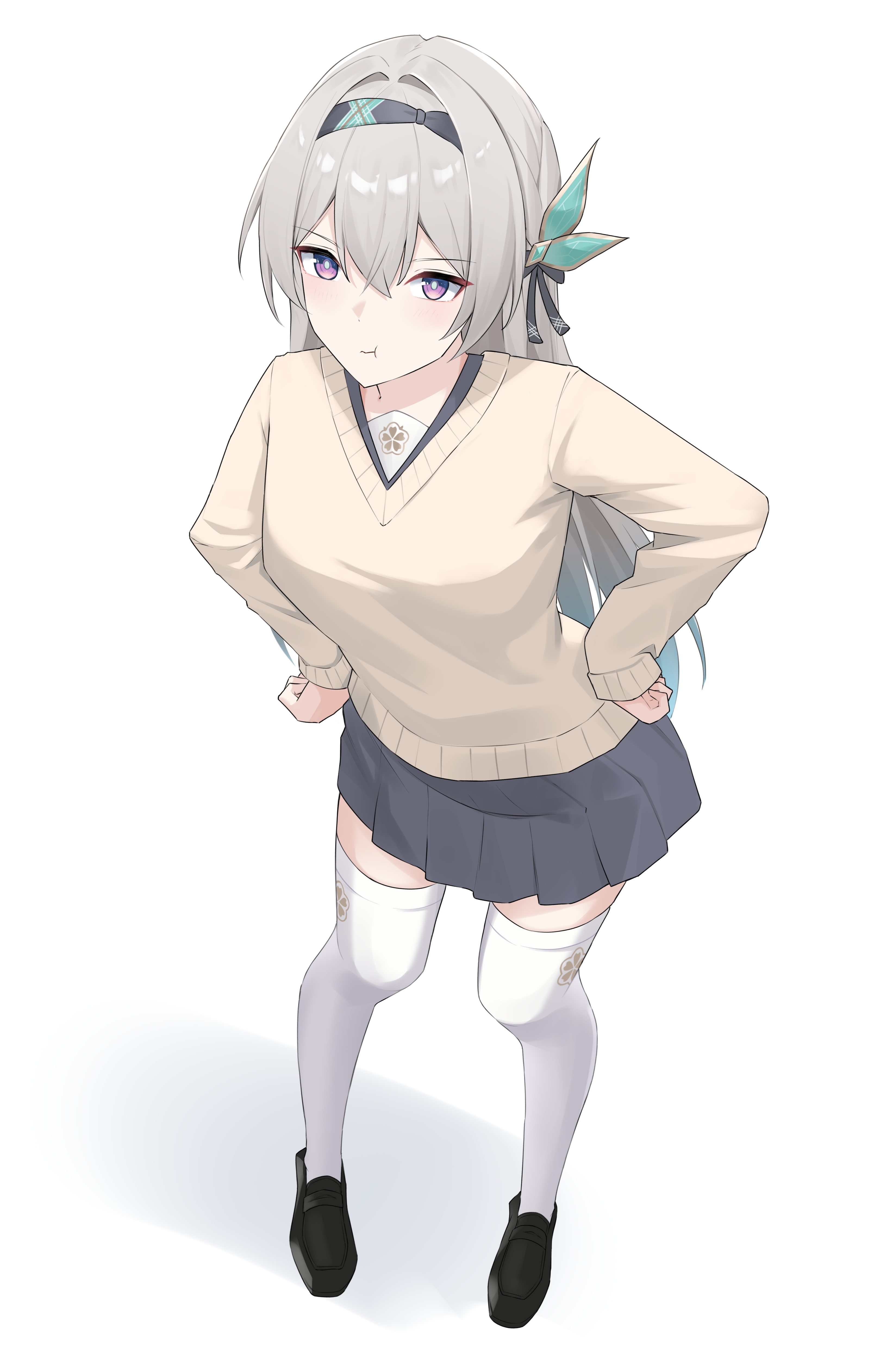 nicel, firefly (honkai: star rail), firefly (spring missive) (honkai: star rail), honkai: star rail, honkai (series), absurdres, commentary, highres, 1girl, aqua hair, black hairband, black shoes, blue pupils, breasts, closed mouth, full body, gradient hair, grey hair, grey skirt, hair between eyes, hair intakes, hair ornament, hairband, hands on own hips, leaning forward, loafers, long hair, long sleeves, looking at viewer, medium breasts, multicolored hair, pleated skirt, pout, purple eyes, shoes, simple background, skirt, solo, sweater, thighhighs, white background, white thighhighs, yellow sweater