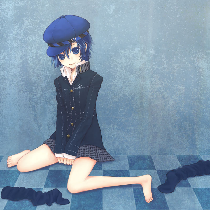 suzushiro haru, shirogane naoto, atlus, persona, persona 4, bad id, bad pixiv id, barefoot, blazer, blue eyes, blue hair, feet, hat, jacket, miniskirt, newsboy cap, no socks, pleated skirt, school uniform, shirt, short hair, sitting, skirt, smile, socks, solo
