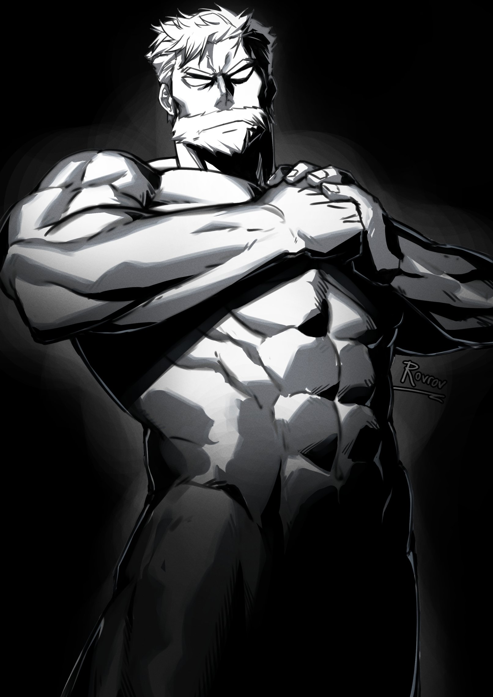 sanda (itagaki paru), shadow censor, highres, 1boy, angry, bara, beard, beard over mouth, blank eyes, cowboy shot, facial hair, fist in hand, from below, frown, full beard, greyscale, large pectorals, male focus, mature male, monochrome, muscular, muscular male, nude, old, old man, pectorals, rovrov, santa claus (sanda), short hair, shredded muscles, solo, standing, thick beard