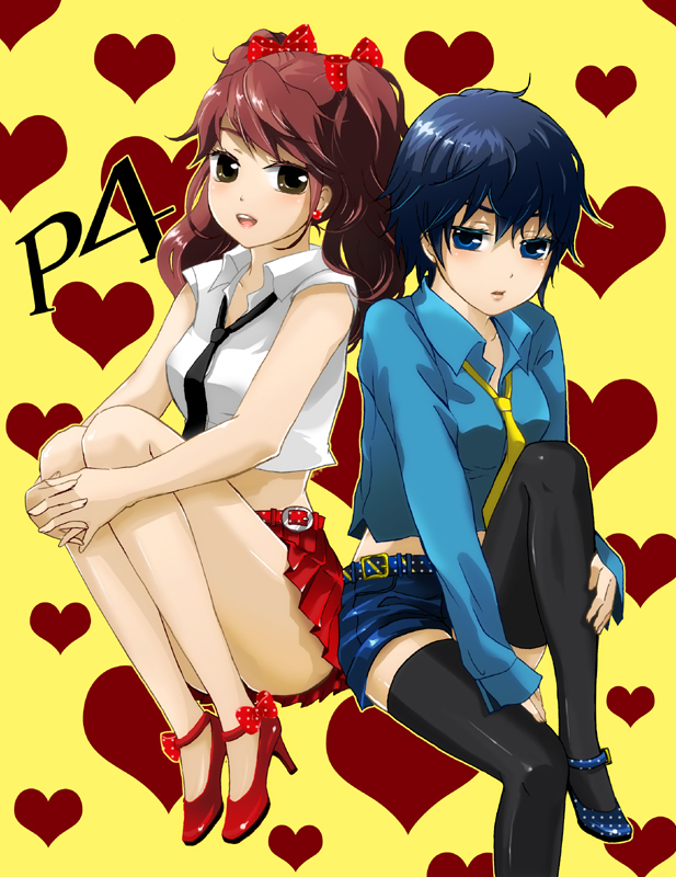 merome, kujikawa rise, shirogane naoto, atlus, persona, persona 4, belt, black thighhighs, blue eyes, blue hair, bow, brown eyes, brown hair, denim, denim shorts, earrings, hair bow, hair ornament, heart, high heels, jewelry, midriff, miniskirt, necktie, open mouth, pleated skirt, shirt, shoes, short hair, short shorts, shorts, sitting, skirt, sleeveless, sleeveless shirt, thighhighs, twintails