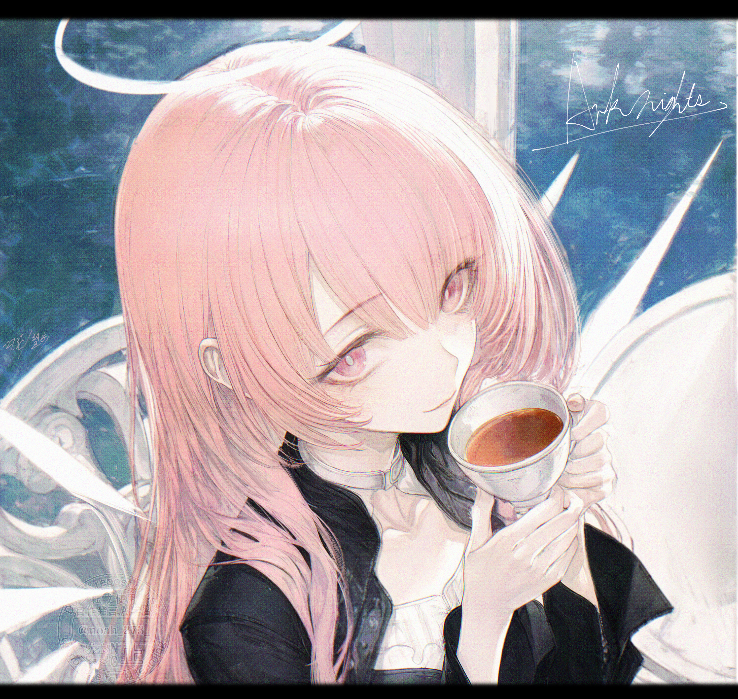 renoahh, lemuen (arknights), arknights, absurdres, commentary, highres, 1girl, black dress, chair, closed mouth, collarbone, copyright name, cup, dress, from above, halo, holding, holding cup, letterboxed, light smile, long hair, long sleeves, looking at viewer, nose, pink eyes, pink hair, signature, solo, teacup, white halo, white wings, wings