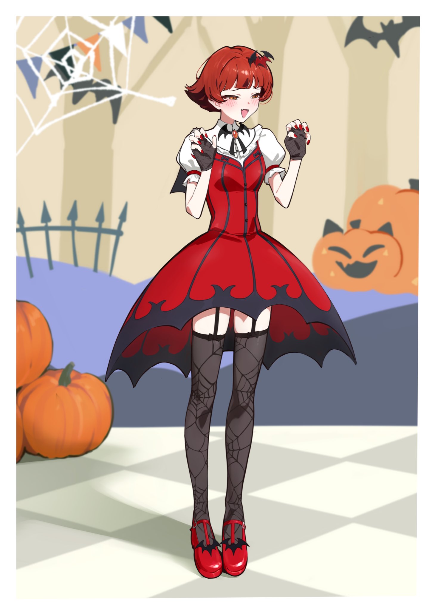 yabukara, nonohara akane, idolmaster, idolmaster million live!, idolmaster million live! theater days, highres, 1girl, animal print, bat brooch, bat hair ornament, black thighhighs, blush, breasts, claw pose, dress, fangs, fingerless gloves, fingernails, fishnet gloves, fishnets, full body, garter straps, gloves, hair ornament, half-closed eyes, jack-o'-lantern, my dear vampire (idolmaster), nail polish, official alternate costume, open mouth, print thighhighs, puffy short sleeves, puffy sleeves, red dress, red hair, red nails, red shoes, shoes, short hair, short sleeves, solo, spider print, standing, thighhighs, white sleeves