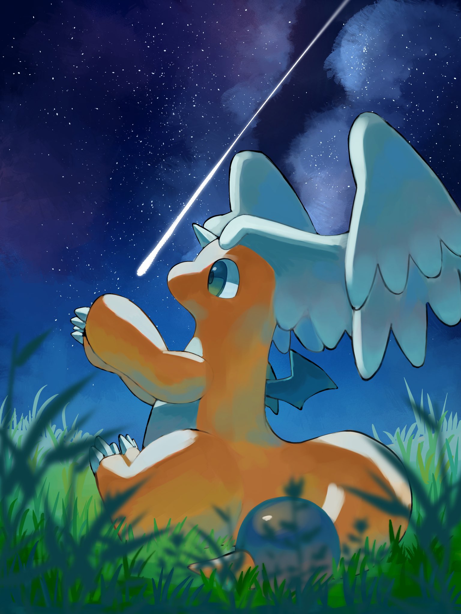 p9kfxaofqi54546, dragonite, mega dragonite, nintendo, pokemon, highres, claws, colored skin, dragon, feathered wings, gen 1 pokemon, grass, green eyes, head wings, horns, mega pokemon, night, night sky, no humans, orange skin, outdoors, pokemon (creature), pokemon focus, shooting star, single horn, sitting, sky, solo, star (sky), tail, wings