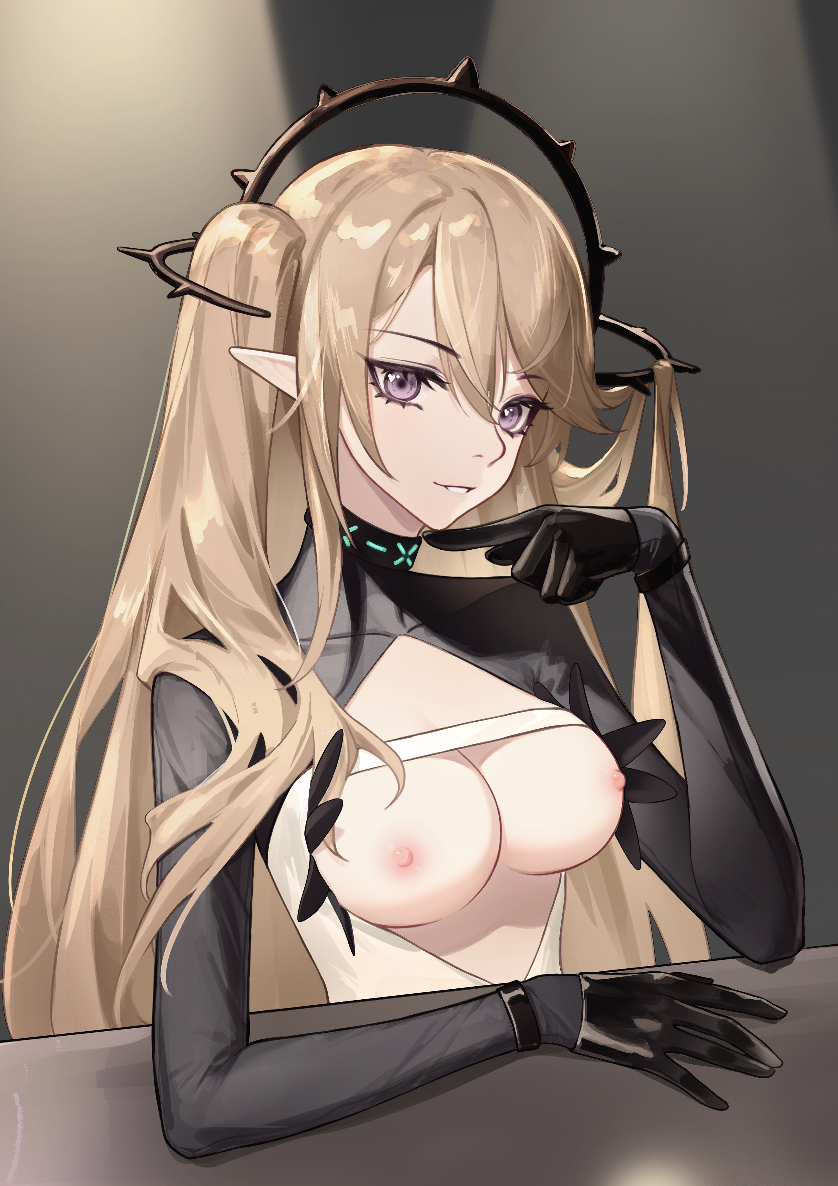 meng xi xuan, indigo (arknights), arknights, absurdres, character request, highres, black gloves, blonde hair, breast cutout, breasts, dress, gloves, long hair, looking at viewer, medium breasts, nipples, open mouth, pointy ears, purple eyes, turtleneck, turtleneck dress, twintails, very long hair