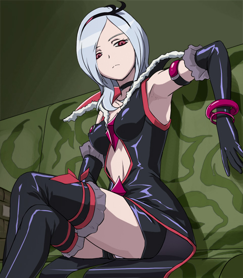 haruyama kazunori, eas (fresh precure!), higashi setsuna, fresh precure!, precure, black neckwear, 00s, 1girl, armpits, black shorts, couch, crossed legs, elbow gloves, female focus, gloves, midriff, panties, panty slip, pantyshot, red eyes, shorts, sitting, solo, thighhighs, underwear, upshorts, white hair, zettai ryouiki