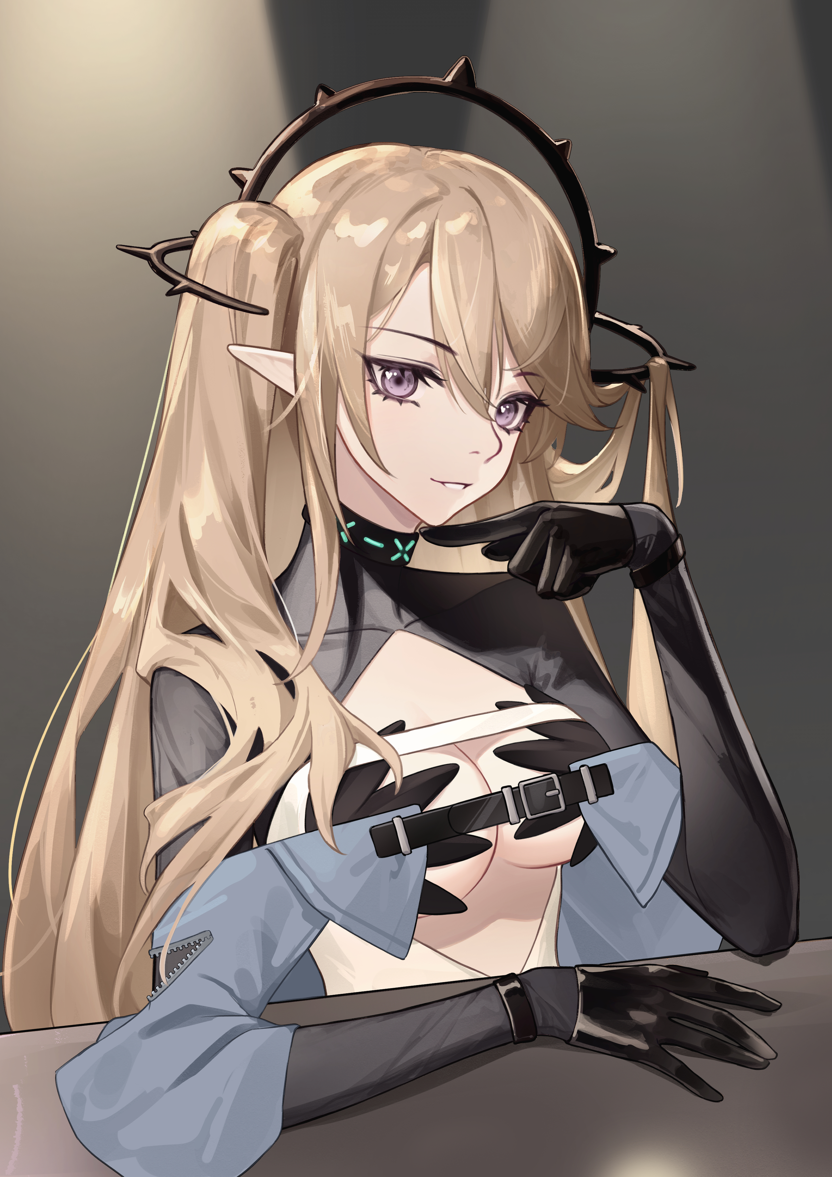meng xi xuan, indigo (arknights), arknights, absurdres, character request, highres, black gloves, blonde hair, breast cutout, breasts, cleavage, dress, gloves, long hair, looking at viewer, medium breasts, open mouth, pointy ears, purple eyes, turtleneck, turtleneck dress, twintails, underboob, very long hair