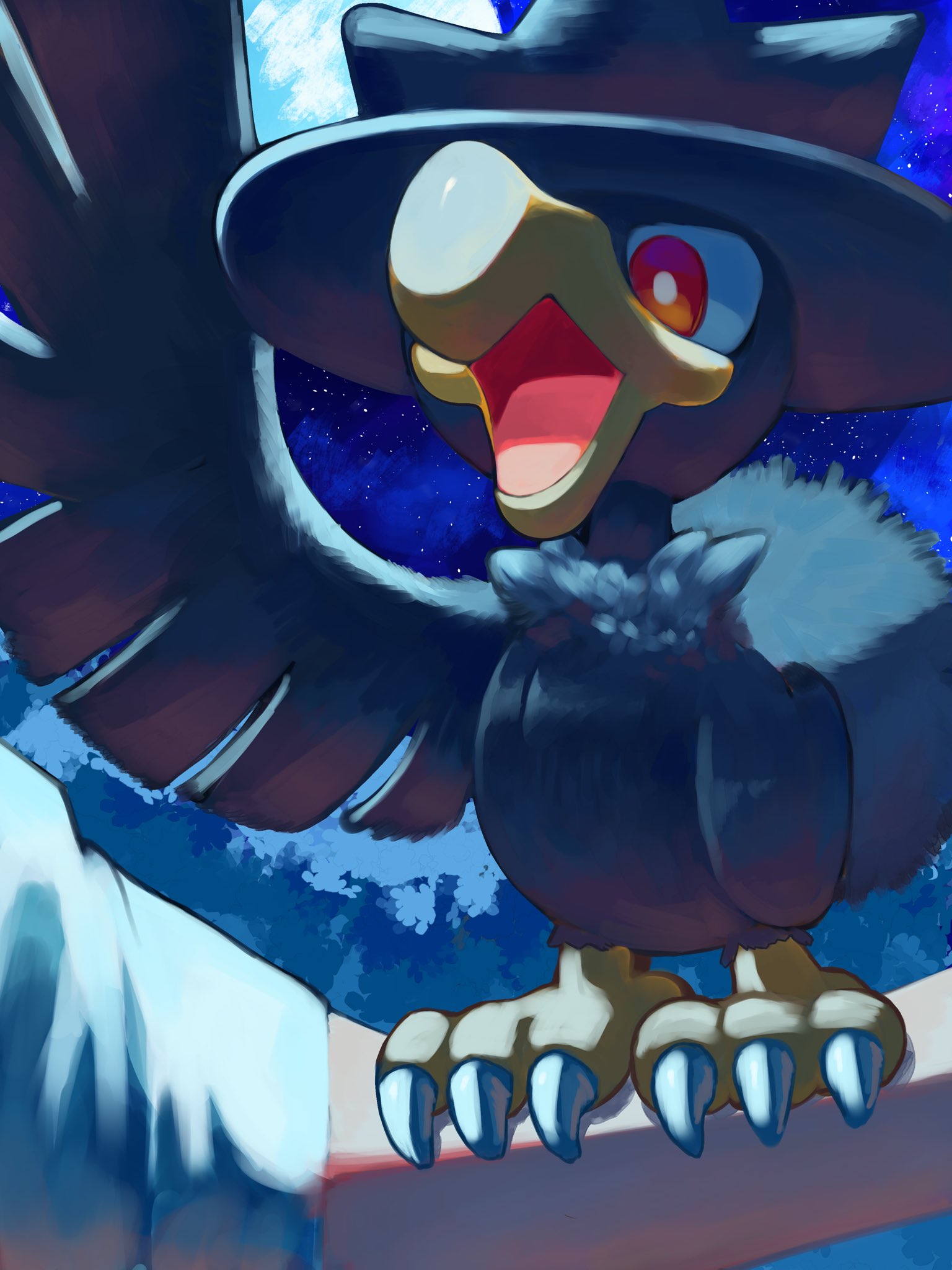 p9kfxaofqi54546, murkrow, nintendo, pokemon, highres, 1other, animal focus, animal on arm, beak, bird, bird on arm, crow, full moon, gen 2 pokemon, moon, night, night sky, open mouth, outdoors, pokemon (creature), pokemon focus, pokemon on arm, red eyes, sky, solo focus, talons, wings
