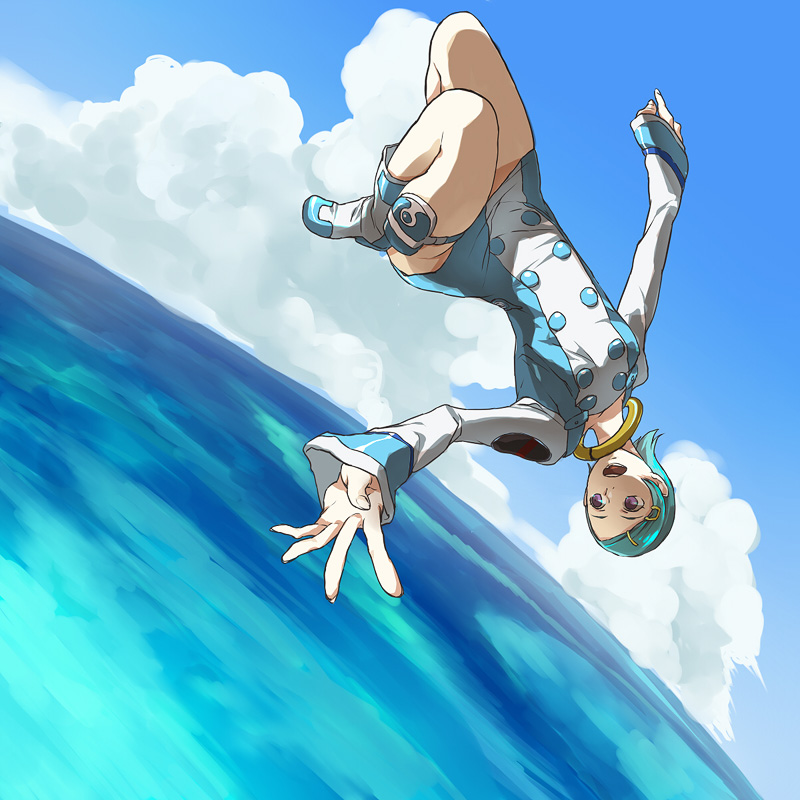 sosohiko, eureka (eureka seven), eureka seven, eureka seven (series), bad id, bad pixiv id, 00s, 1girl, aqua hair, boots, cloud, collar, day, dress, falling, female focus, hair ornament, hairclip, ocean, outdoors, purple eyes, sky, solo, thigh strap, white boots