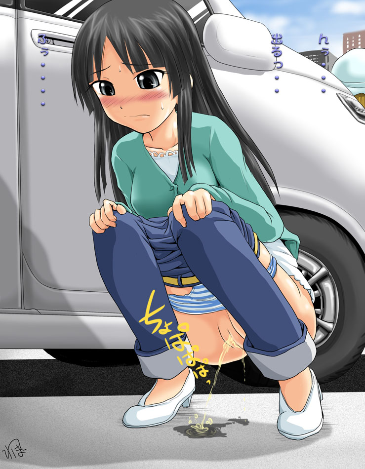 homare (suzu no oka), akiyama mio, k-on!, translated, 00s, 1girl, black eyes, black hair, blush, cameo, car, female focus, long hair, motor vehicle, outdoors, panties, panty pull, pee, peeing, pussy, shoes, solo, squatting, striped clothes, striped panties, uncensored, underwear