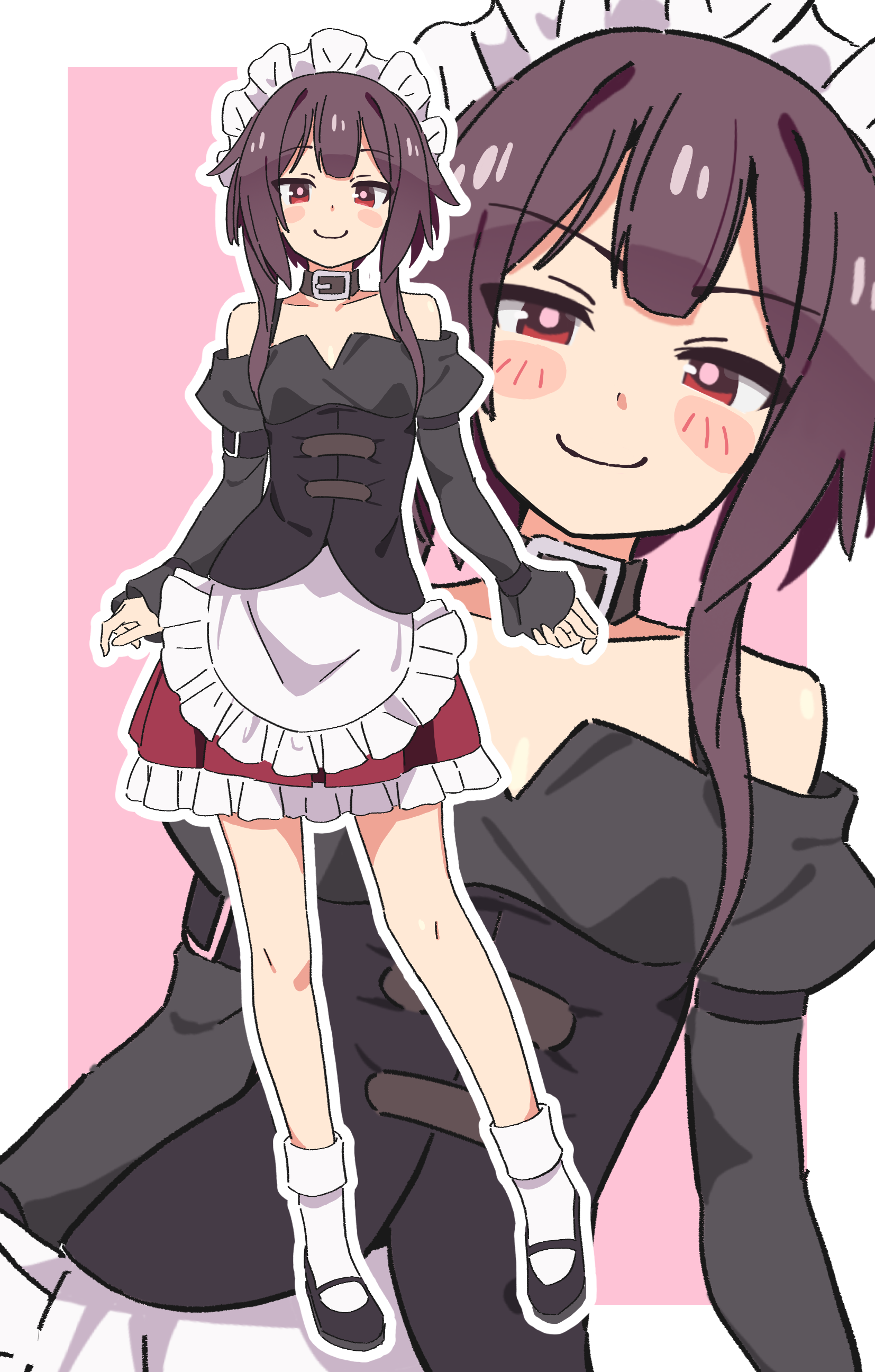 noyama takenoko, megumin, kono subarashii sekai ni shukufuku wo!, absurdres, highres, 1girl, apron, bare shoulders, belt collar, blush, breasts, collar, collarbone, dress, frilled dress, frills, long sidelocks, looking at viewer, maid, maid apron, purple hair, red eyes, shoes, sidelocks, skindentation, small breasts, smile, socks, standing, white socks, zoom layer