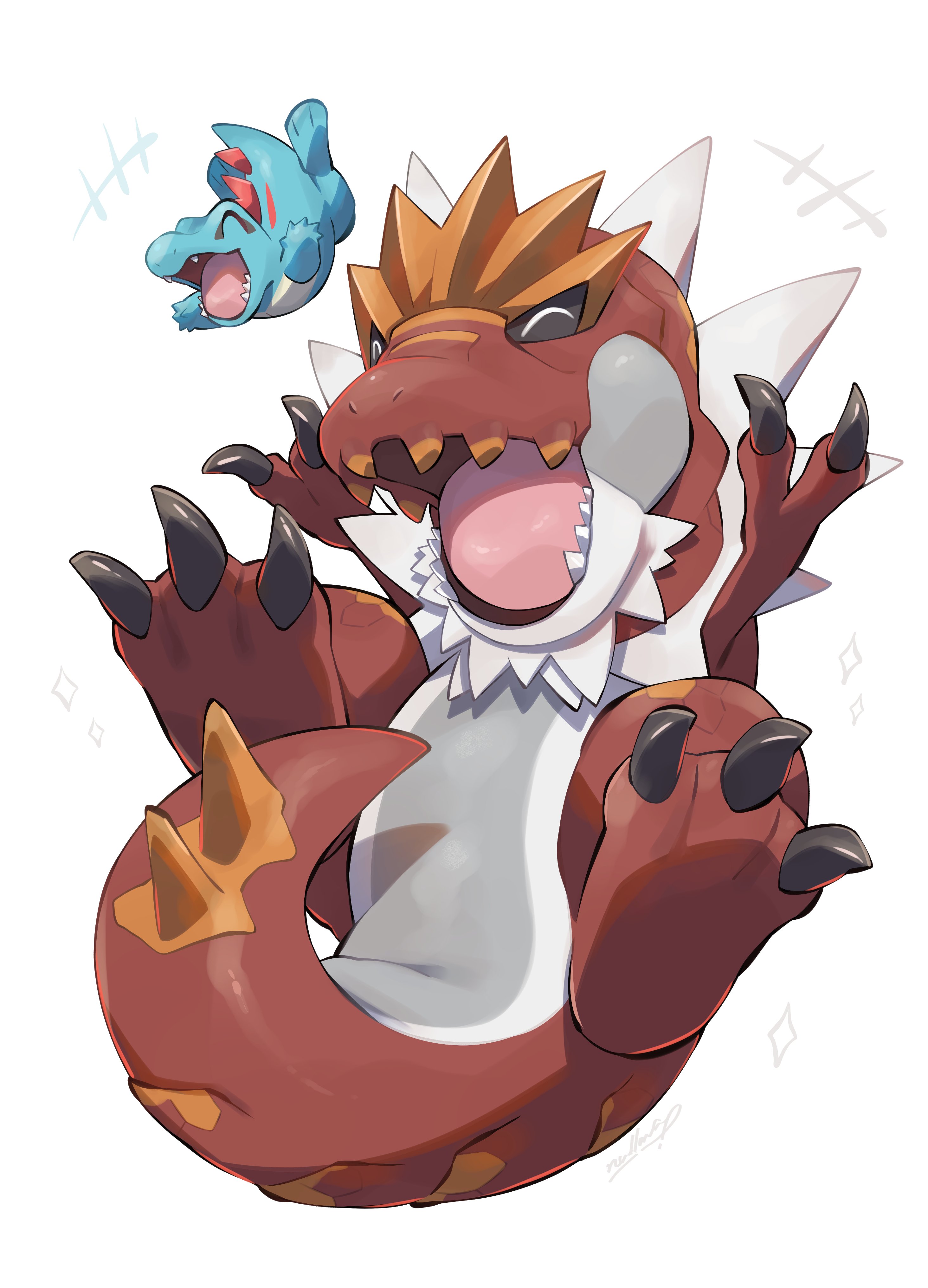 nullma, totodile, tyrantrum, nintendo, pokemon, absurdres, highres, black claws, claws, closed eyes, dinosaur, fangs, full body, gen 2 pokemon, gen 6 pokemon, no humans, open mouth, pokemon (creature), pokemon focus, sharp teeth, simple background, skin fangs, smile, tail, teeth, tyrannosaurus rex, white background, white fur