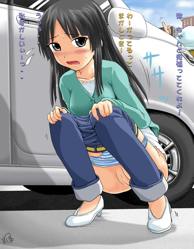 homare (suzu no oka), akiyama mio, tainaka ritsu, k-on!, translation request, 00s, 2girls, black eyes, black hair, blush, car, cleft of venus, have to pee, motor vehicle, multiple girls, panties, panty pull, pussy, shoes, solo focus, squatting, striped clothes, striped panties, uncensored, underwear