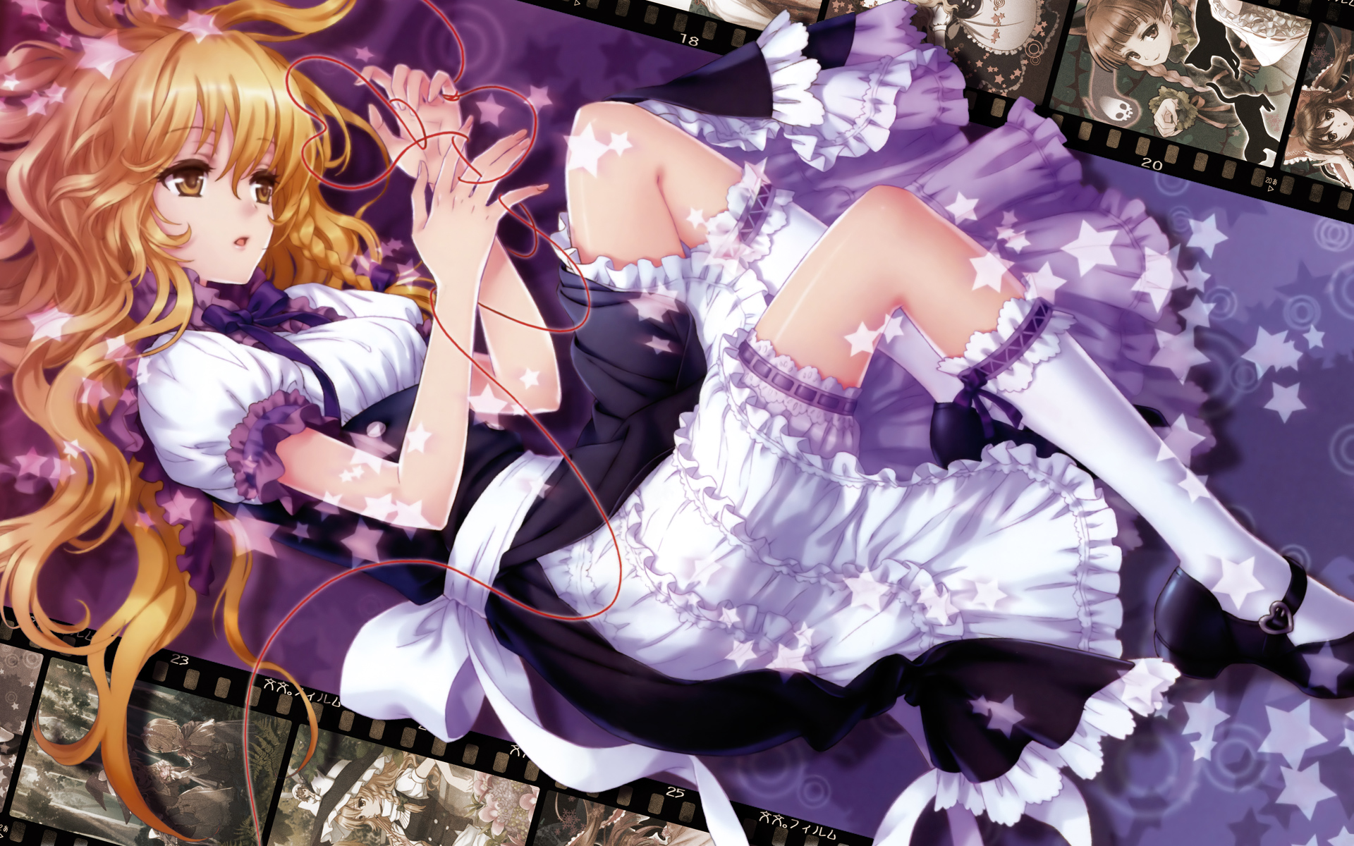 an2a, alice margatroid, hakurei reimu, kaenbyou rin, kirisame marisa, touhou, highres, 4girls, blonde hair, female focus, fetal position, film strip, frills, kneehighs, lying, multiple girls, plantar flexion, socks, star (symbol), string, string of fate, yellow eyes