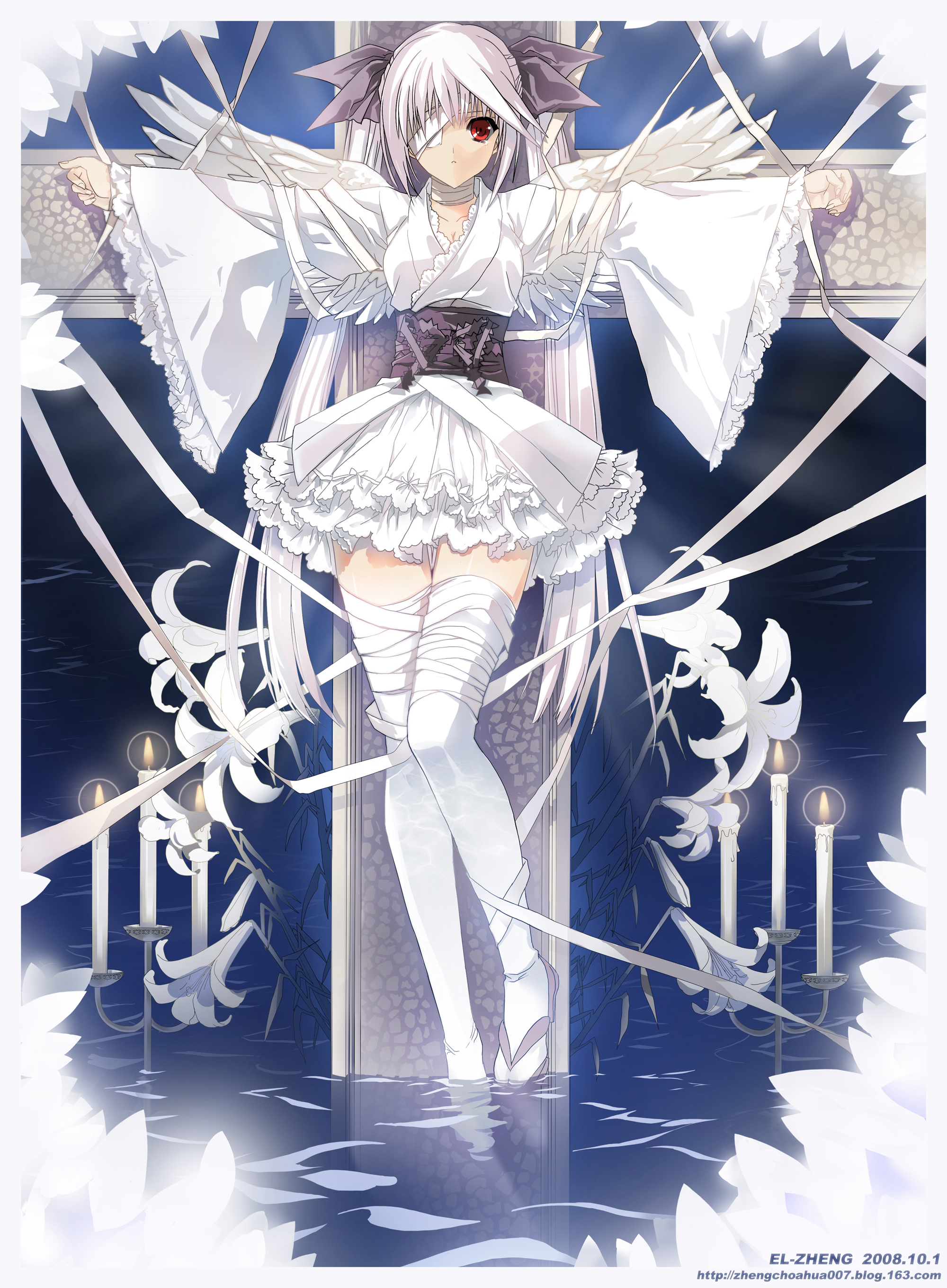 dan evan, original, absurdres, bad id, bad pixiv id, derivative work, highres, 1girl, angel, bandage over one eye, bandages, bow, candle, cross, crucifixion, eyepatch, female focus, flower, geta, hair bow, japanese clothes, lily (flower), lolita fashion, long hair, obi, petticoat, red eyes, reflection, sash, solo, thighhighs, very long hair, wa lolita, water, white hair, white thighhighs, wings