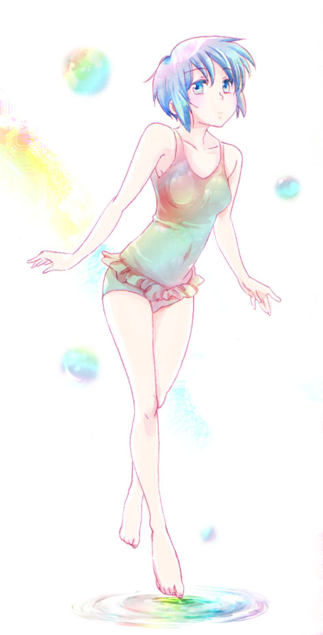 cika, nagato yuki, suzumiya haruhi no yuuutsu, bad id, bad pixiv id, 00s, barefoot, feet, legs, one-piece swimsuit, swimsuit