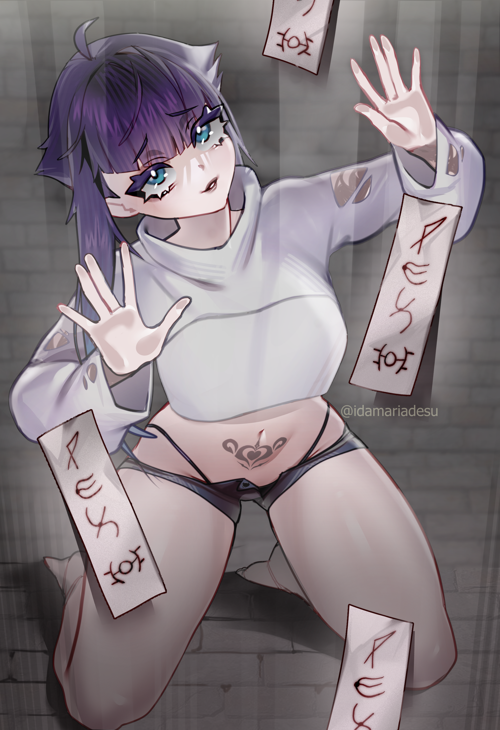 idamaria, original, absurdres, commission, highres, vgen commission, 1girl, against glass, ahoge, blue eyes, blunt bangs, breasts, crop top, demon girl, highleg, highleg panties, kneeling, long hair, looking at viewer, medium breasts, navel, ofuda, open fly, panties, pubic tattoo, purple hair, short shorts, shorts, solo, tattoo, underwear