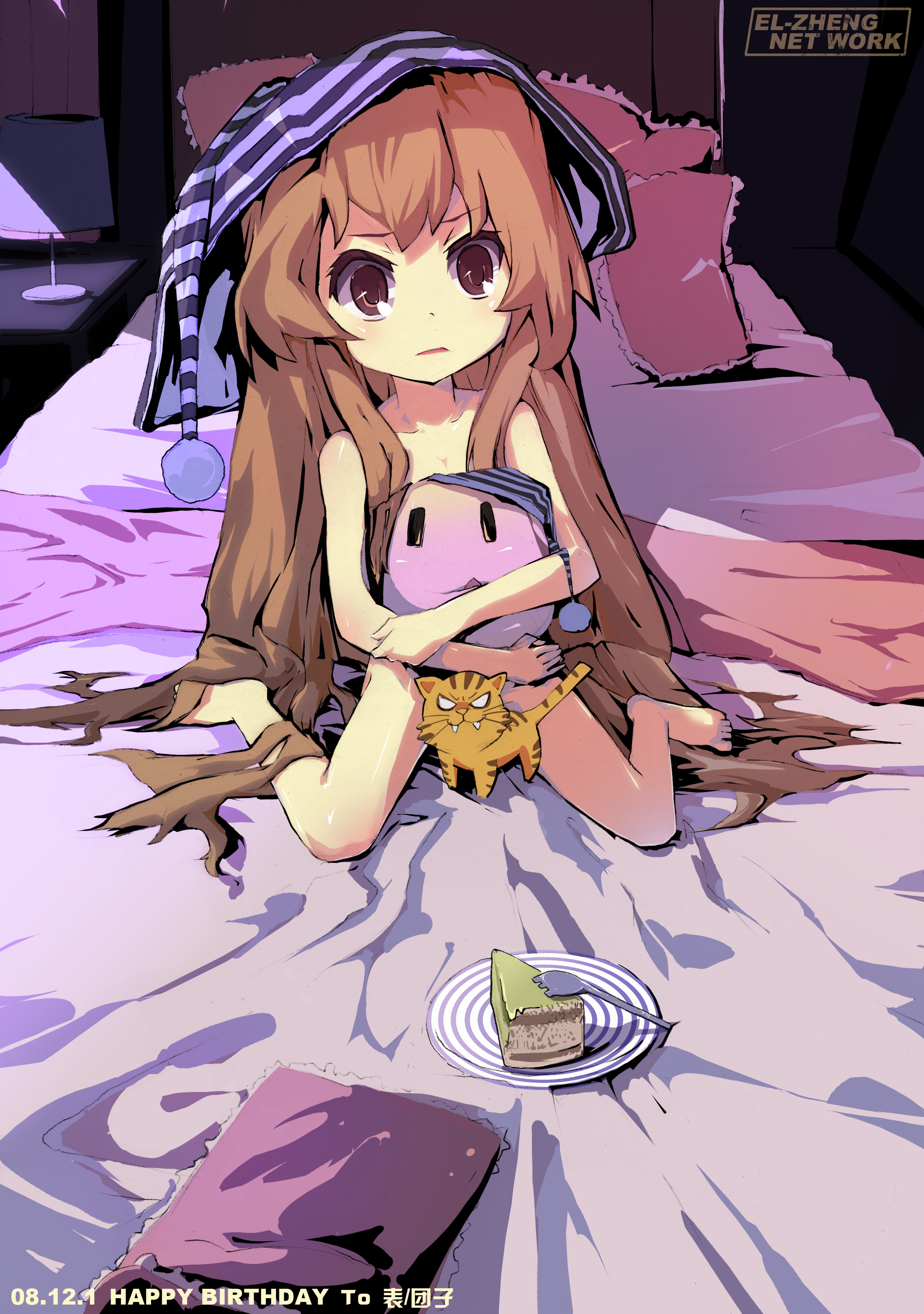 dan evan, aisaka taiga, toradora!, absurdres, highres, 00s, barefoot, bed, brown eyes, brown hair, cake, cat, censored, convenient censoring, feet, food, fork, hat, loli, long hair, nightcap, pastry, pillow, solo, very long hair, yonic symbol