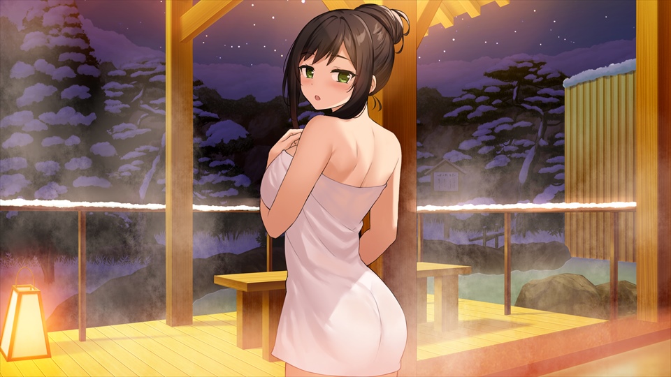 saion-ji enju, moe! ninja girls, game cg, official art, third-party source, 1girl, ass, bare arms, bare shoulders, blush, breasts, cowboy shot, from behind, green eyes, hair bun, large breasts, looking at viewer, looking back, naked towel, night, open mouth, single hair bun, sky, solo, standing, star (sky), starry sky, towel, tree, winter