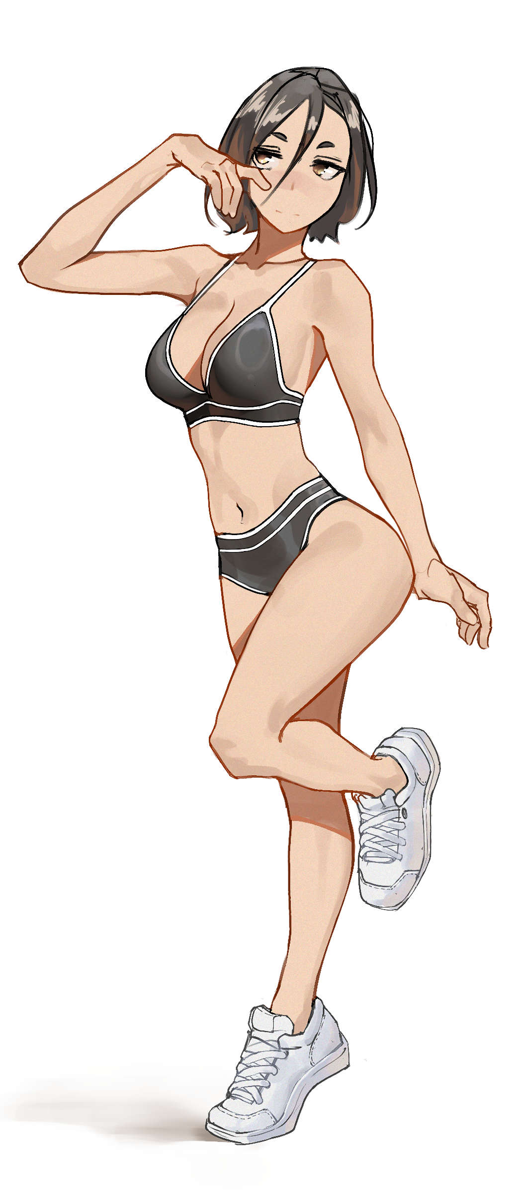 tbocart, original, absurdres, highres, 1girl, :|, ass, black bra, black panties, bob cut, bra, brown eyes, brown hair, closed mouth, collarbone, full body, hair between eyes, half-closed eyes, navel, panties, raised eyebrows, shoes, short hair, simple background, sneakers, solo, sports bra, sports panties, standing, standing on one leg, thighs, underwear, white background, white shoes