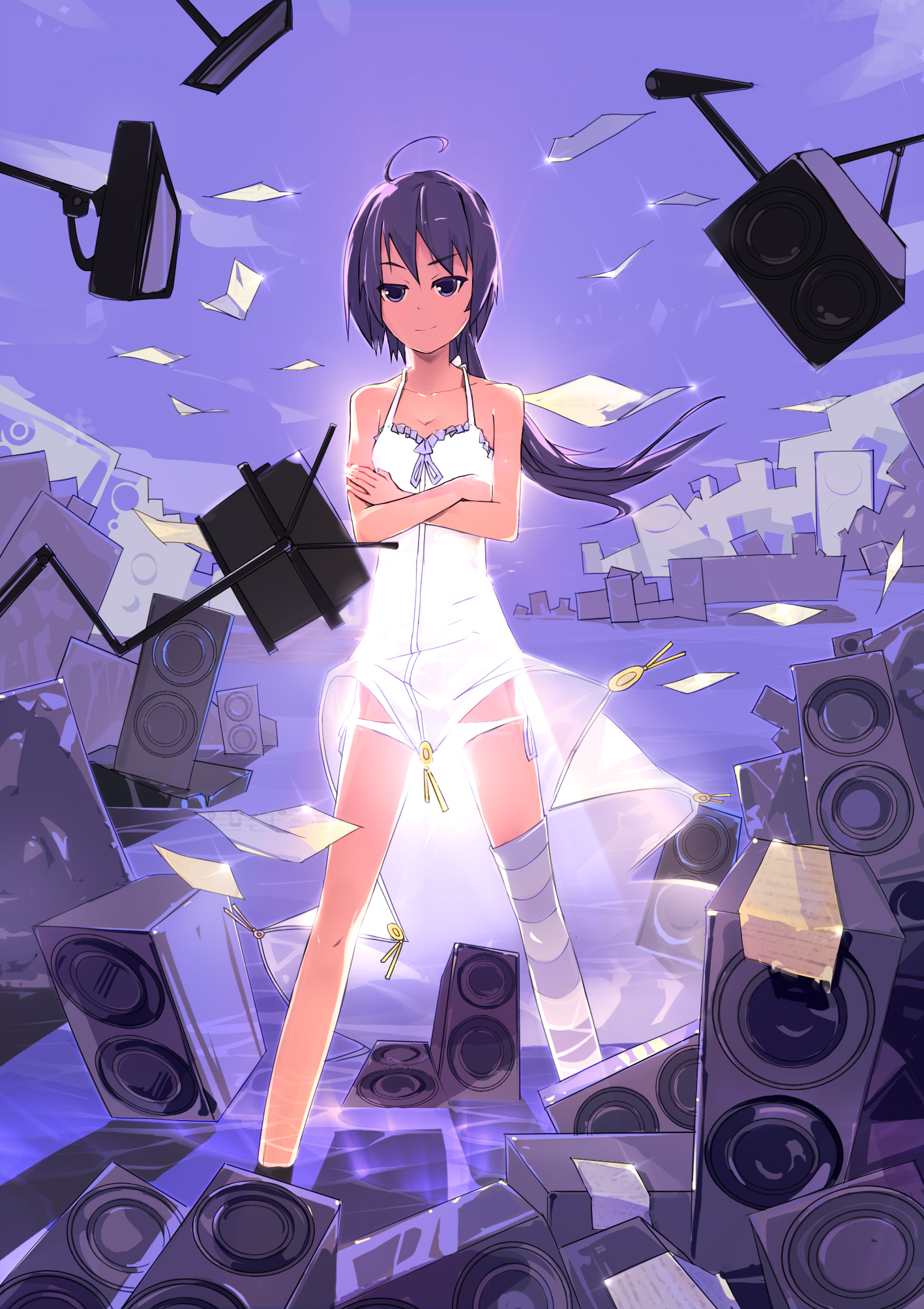 dan evan, original, highres, 1girl, ahoge, dress, female focus, flat chest, lowleg, lowleg panties, panties, pantyshot, ponytail, side-tie panties, skirt, solo, speaker, thighhighs, underwear, upskirt, water, white dress, white panties, white skirt