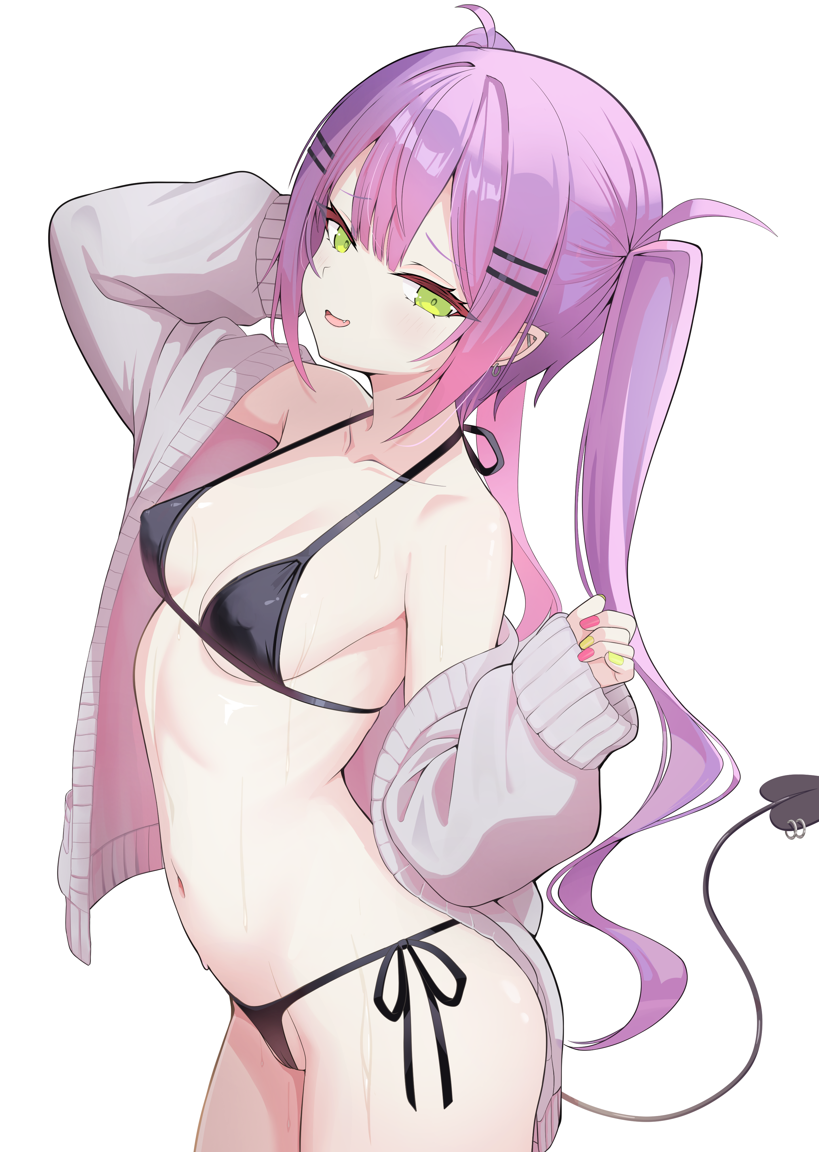nekonosuke, tokoyami towa, hololive, absurdres, highres, 1girl, arm up, bikini, black bikini, black tail, breasts, cameltoe, cardigan, collarbone, covered erect nipples, demon tail, ear piercing, fang, fingernails, gradient hair, green eyes, green nails, hair ornament, hairclip, long hair, long sleeves, multicolored hair, nail polish, navel, open mouth, piercing, pink hair, pink nails, pointy ears, purple hair, side-tie bikini bottom, simple background, sleeves past wrists, smile, solo, stomach, sweat, swimsuit, tail, tail ornament, tail piercing, thighs, twintails, virtual youtuber, white background, white cardigan