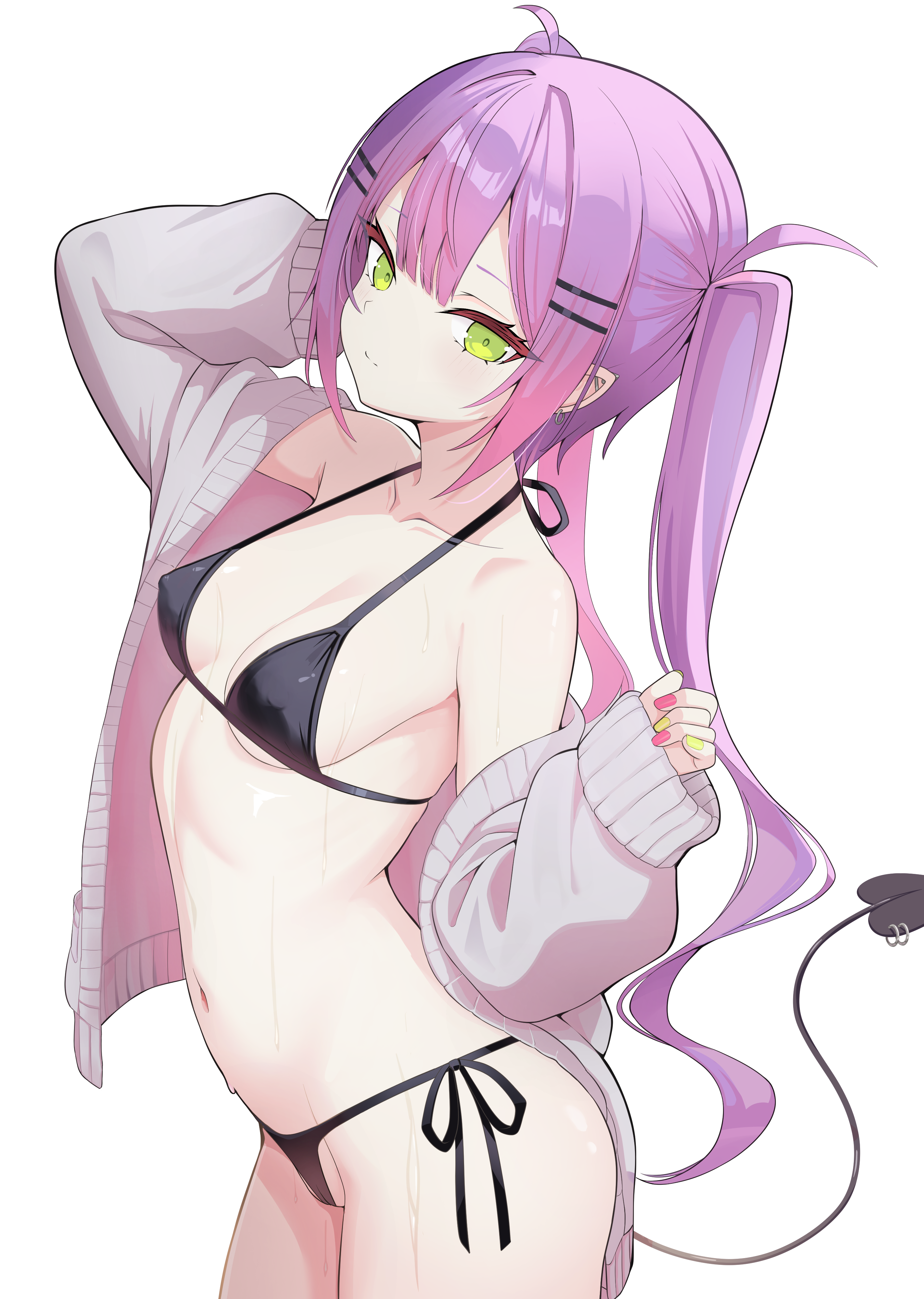 nekonosuke, tokoyami towa, hololive, absurdres, highres, 1girl, arm up, bikini, black bikini, black tail, breasts, cameltoe, cardigan, closed mouth, collarbone, covered erect nipples, demon tail, ear piercing, fingernails, gradient hair, green eyes, green nails, hair ornament, hairclip, long hair, long sleeves, multicolored hair, nail polish, navel, piercing, pink hair, pink nails, pointy ears, purple hair, side-tie bikini bottom, simple background, sleeves past wrists, solo, stomach, sweat, swimsuit, tail, tail ornament, tail piercing, thighs, twintails, virtual youtuber, white background, white cardigan
