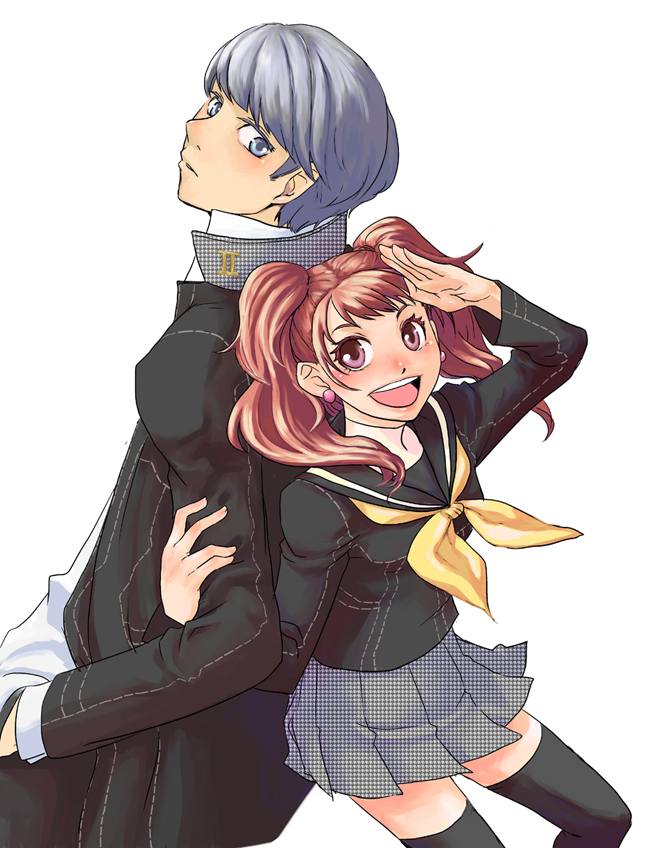 youne, kujikawa rise, narukami yu, atlus, persona, persona 4, grey hair, salute, school uniform, smile, thighhighs, twintails