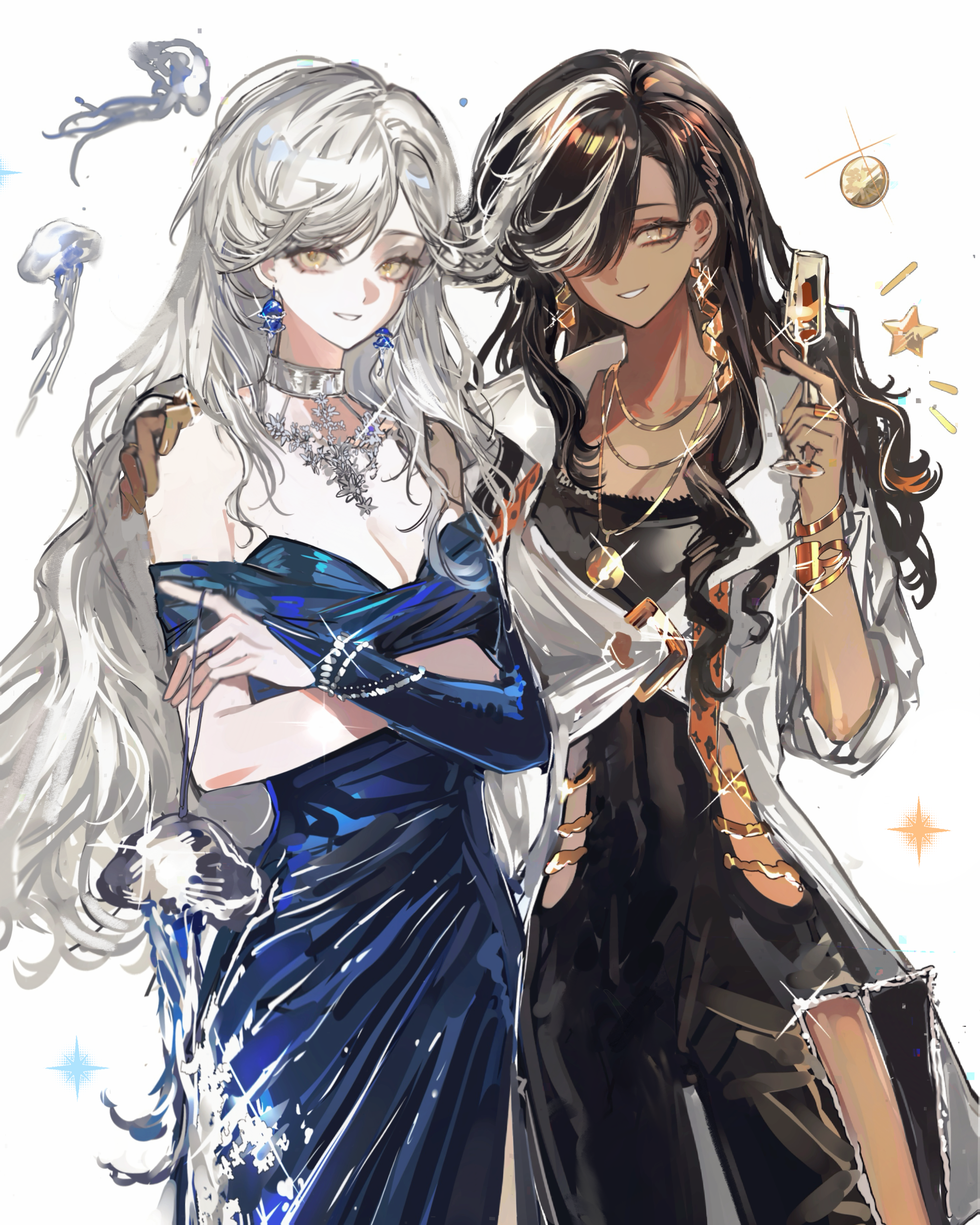 weiyan (nbnbmwnl), centurion (reverse:1999), eternity (reverse:1999), reverse:1999, absurdres, highres, 2girls, alcohol, bare shoulders, black hair, blue bridal gauntlets, blue dress, bracelet, breasts, bridal gauntlets, champagne, champagne flute, cleavage, coin, cowboy shot, crossed arms, cup, dark-skinned female, dark skin, dress, drinking glass, grin, hair over one eye, hand on another's shoulder, hand up, holding, holding cup, jellyfish, jewelry, long hair, looking at viewer, multicolored hair, multiple girls, necklace, off-shoulder dress, off shoulder, one eye covered, shirt, side-by-side, single bridal gauntlet, smile, star (symbol), streaked hair, white background, white hair, white shirt, yellow eyes