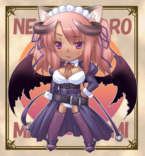 47agdragon, pixiv fantasia, pixiv fantasia 3, 1girl, animal ears, breasts, cat ears, chibi, cleavage, dark-skinned female, dark skin, demon girl, demon wings, female focus, hand on own hip, hip focus, horns, large breasts, long hair, maid headdress, pink hair, pointy ears, purple eyes, raised eyebrow, solo, thighhighs, uneven eyes, wings