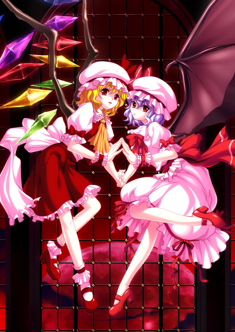hanason, flandre scarlet, remilia scarlet, touhou, bad id, bad pixiv id, 2girls, female focus, hat, mob cap, multiple girls, siblings, sisters