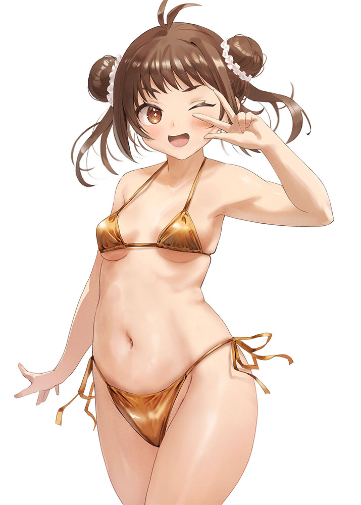 toka (marchlizard), naka (kancolle), kantai collection, + +, 1girl, ;d, bikini, brown hair, double bun, gold bikini, hair bun, navel, one eye closed, open mouth, short hair, side-tie bikini bottom, smile, solo, stomach, swimsuit, v, v over eye, white background