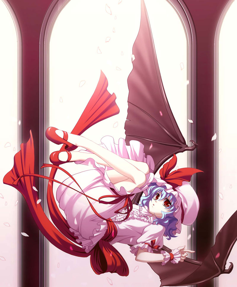 hanason, remilia scarlet, touhou, light purple hair, bad id, bad pixiv id, 1girl, blush, falling, female focus, hat, mary janes, mob cap, pillar, puffy short sleeves, puffy sleeves, red eyes, shoes, short hair, short sleeves, solo, tareme