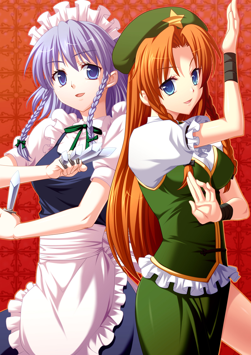 hanason, hong meiling, izayoi sakuya, embodiment of scarlet devil, touhou, silver hair, bad id, bad pixiv id, 2girls, blue eyes, braid, female focus, maid, multiple girls, red hair, twin braids