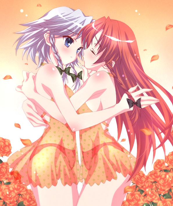 satomi hinako, hong meiling, izayoi sakuya, embodiment of scarlet devil, touhou, bad id, bad pixiv id, jpeg artifacts, 2girls, alternate costume, bare shoulders, blue eyes, blush, breasts, closed eyes, dress, female focus, flower, grey hair, hug, long hair, multiple girls, panties, red hair, rose, see-through clothes, short hair, underwear, yuri