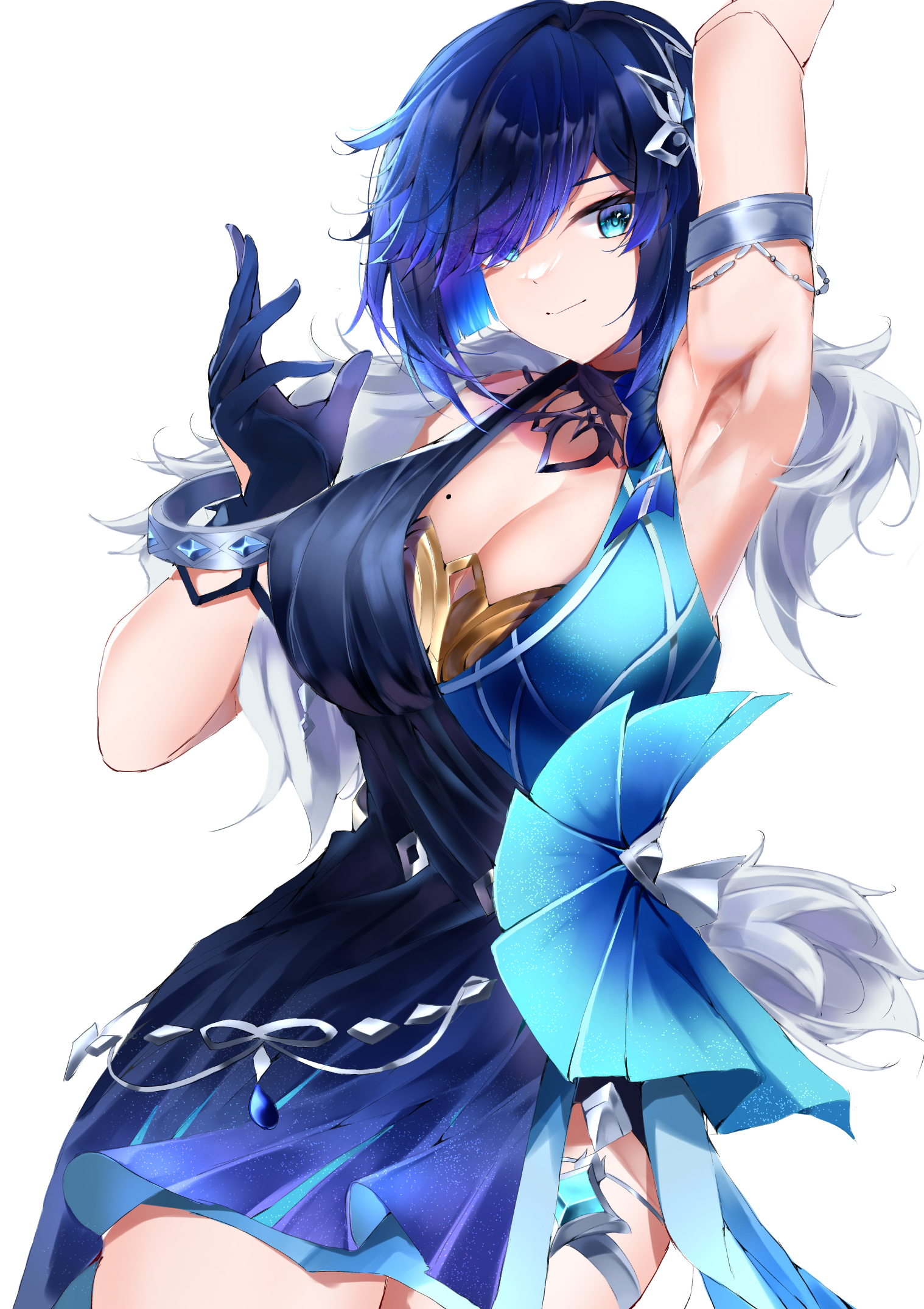 jhmv3547, yelan (genshin impact), yelan (tranquil banquet) (genshin impact), genshin impact, commentary request, highres, 1girl, arm up, armlet, armpits, black dress, black gloves, blue dress, blue hair, bracelet, breasts, cleavage, closed mouth, cowboy shot, dress, feather boa, gloves, green eyes, hair ornament, hair over one eye, halter dress, halterneck, jewelry, large breasts, light smile, looking at viewer, mole, mole on breast, official alternate costume, short hair, silver armlet, silver bracelet, simple background, sleeveless, sleeveless dress, solo, two-tone dress, white background